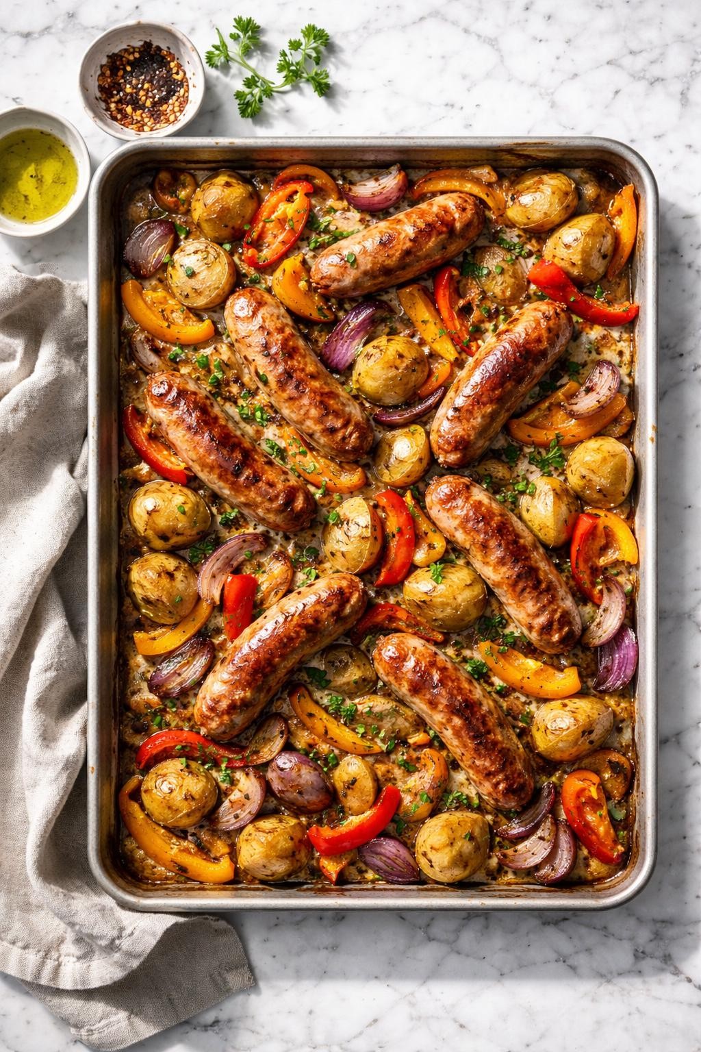 Image Prompt: Realistic top-down editorial food photography of sweet Italian sausage sheet pan dinner on a clean white and gray marble countertop, roasted sweet Italian sausage with potatoes, bell peppers, red onion, and herbs on a baking tray, bright natural daylight, soft shadows, rustic homemade dinner styling, high detail, realistic food texture, no people, no hands, no text, no watermarks, no props with writing.