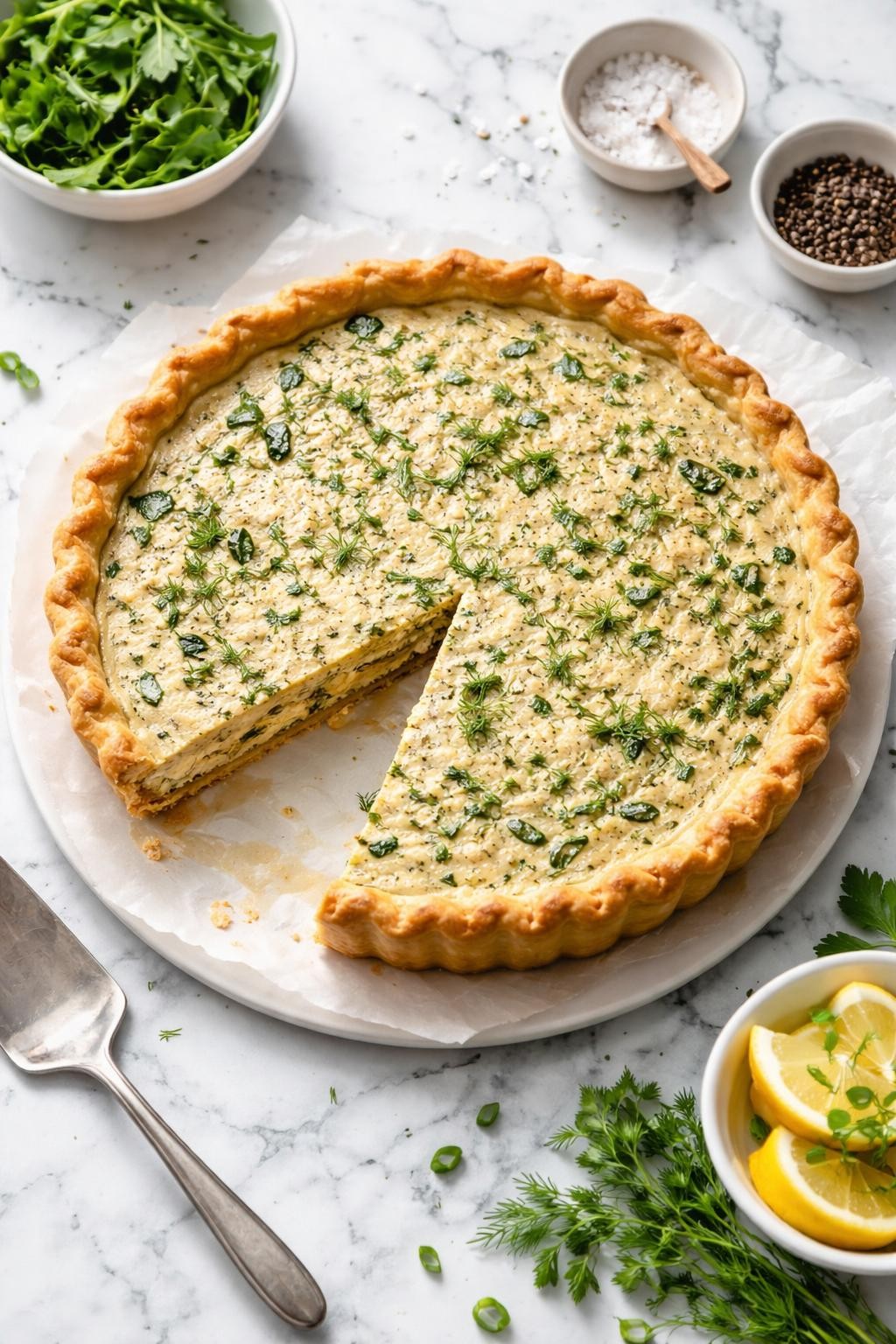 Image Prompt: Top-down realistic editorial food photography of a homemade vegan herbed tofu quiche on a clean white and gray marble countertop, flaky crust filled with creamy tofu quiche filling and scattered fresh herbs throughout, one slice removed to show the smooth savory brunch texture, fresh homemade brunch mood, bright natural window lighting, soft shadows, high detail, no people, no hands, no text, no watermarks, no props with writing.