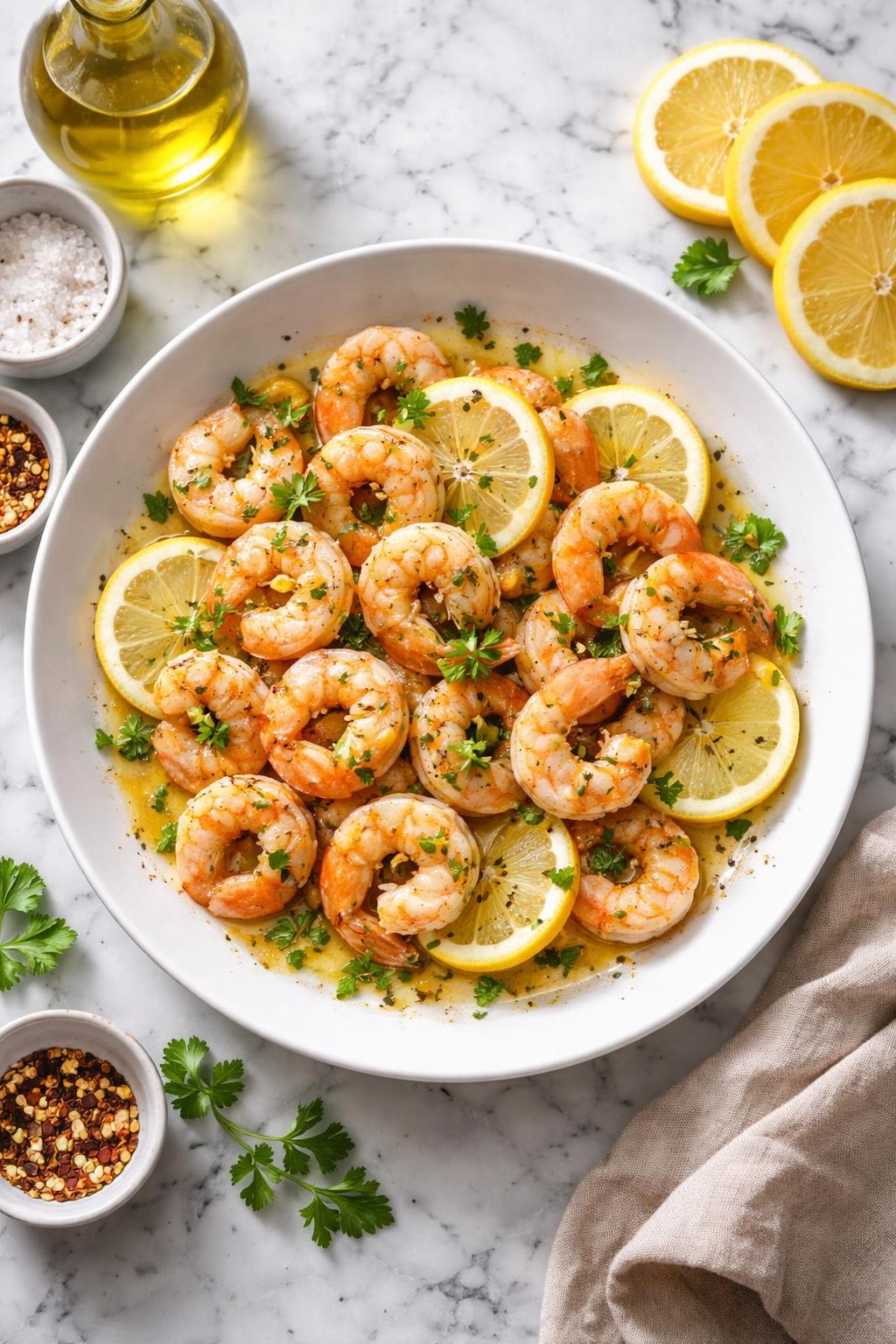 Image Prompt: Realistic top-down editorial food photography of Italian lemon shrimp in a white plate on a clean white and gray marble countertop, shrimp cooked in olive oil, garlic, fresh lemon juice, parsley, and black pepper, lemon slices arranged nearby, bright natural daylight, fresh homemade dinner mood, no people, no hands, no text, no watermarks, no props with writing.