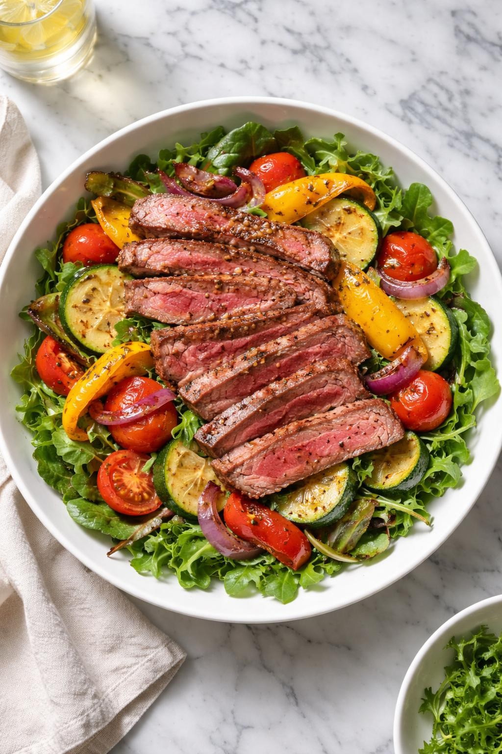 Image Prompt: Realistic top-down editorial food photography of a steak salad with roasted vegetables in a wide white bowl on a gray and white marble countertop, sliced steak over mixed greens with roasted bell peppers, zucchini, red onion, and cherry tomatoes, light vinaigrette coating the vegetables, bright natural daylight, soft shadows, clean dinner styling, high detail, realistic food textures, no people, no hands, no text, no watermarks, no props with writing.