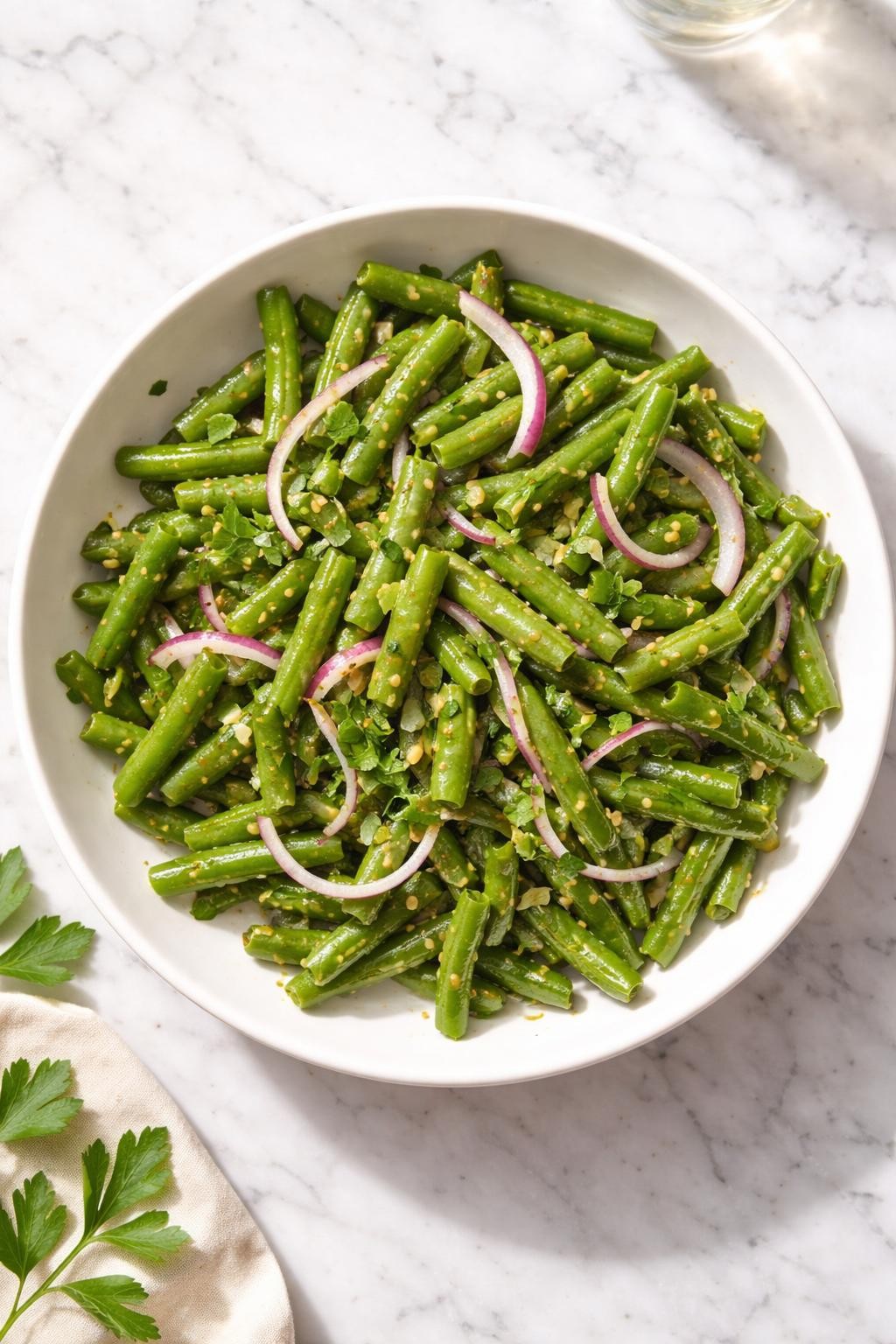 Image Prompt: Realistic top-down editorial food photography of a cold green bean salad with mustard vinaigrette in a white bowl on a clean marble countertop, chilled green beans tossed with red onion and parsley, coated lightly in glossy mustard dressing, bright natural window lighting, soft shadows, clean homemade side dish styling, high detail, realistic food texture, no people, no hands, no text, no watermarks, no props with writing.
