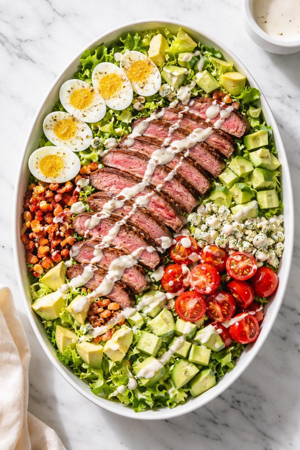 Image Prompt: Realistic top-down editorial food photography of a steak Cobb salad neatly arranged in a large oval serving bowl on a white marble countertop, rows of sliced steak, chopped romaine, hard-boiled eggs, avocado, cherry tomatoes, bacon crumbles, blue cheese, and cucumber, creamy dressing served over the top, bright natural daylight, soft shadows, clean editorial food styling, realistic textures, high detail, no people, no hands, no text, no watermarks, no props with writing.