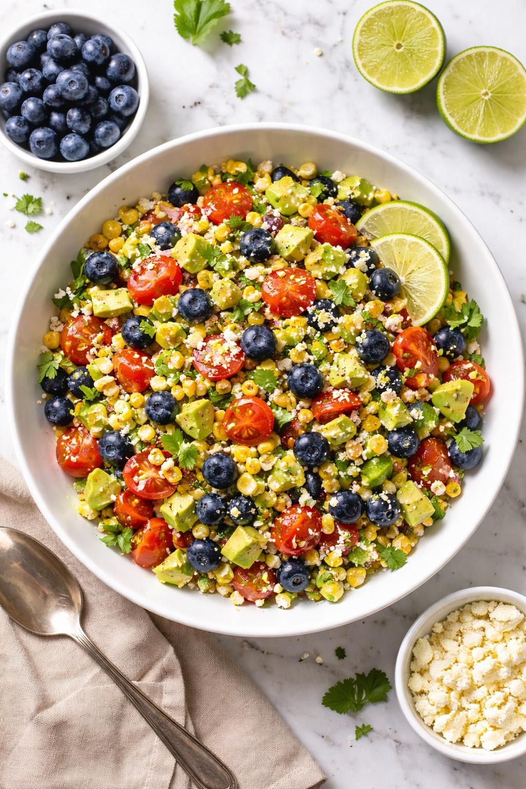 An overheard picture view of a plate of Blueberry Corn Salad with Avocado and Lime sitting on a marble countertop table in the kitchen, professional food photography style.