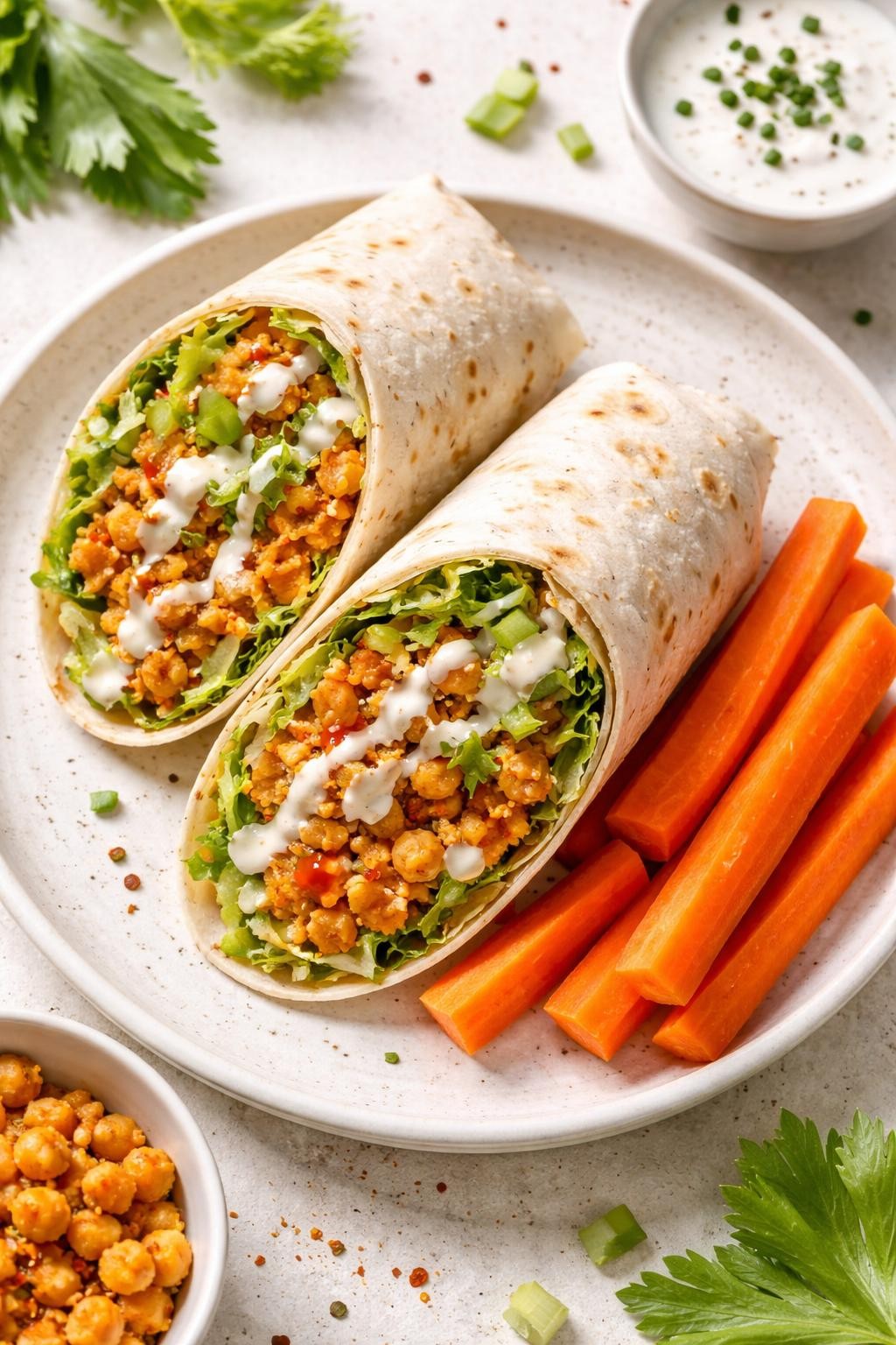 Photo prompt: Realistic top-down editorial food photography of a flour tortilla wrap sliced in half, filled with buffalo-spiced mashed chickpeas, shredded lettuce, diced celery, and a drizzle of ranch dressing. A side of carrot sticks. Bright natural light, vegetarian spicy lunch wrap mood, no people, no hands, no text, no watermarks, no props with writing.