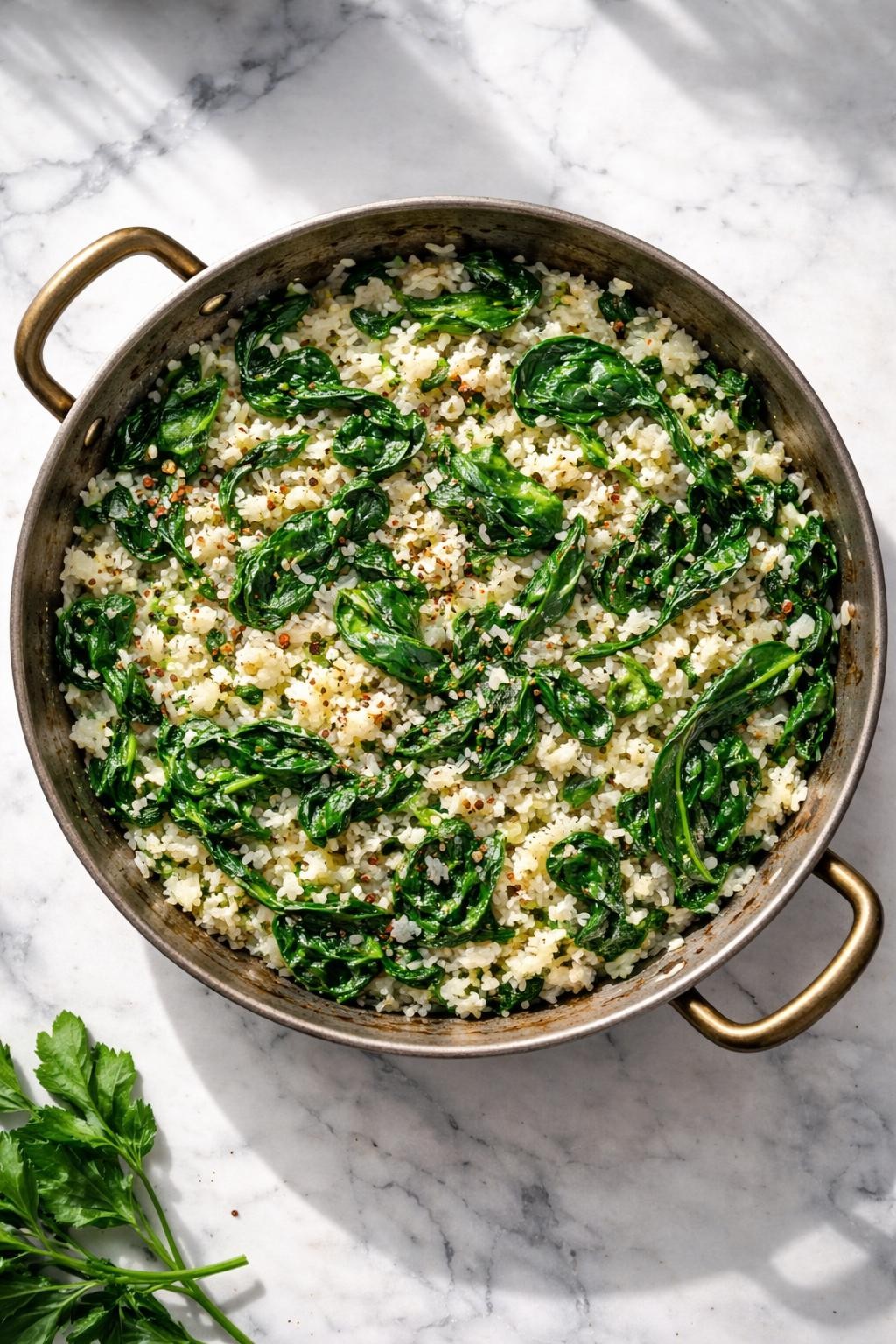 Top-down realistic editorial food photography of a vegan spinach and rice skillet on a clean white and gray marble countertop, fluffy rice mixed with wilted spinach, onions, garlic, and simple seasonings in a rustic skillet, warm easy homemade dinner mood, bright natural window lighting, soft shadows, high detail, no people, no hands, no text, no watermarks, no props with writing.