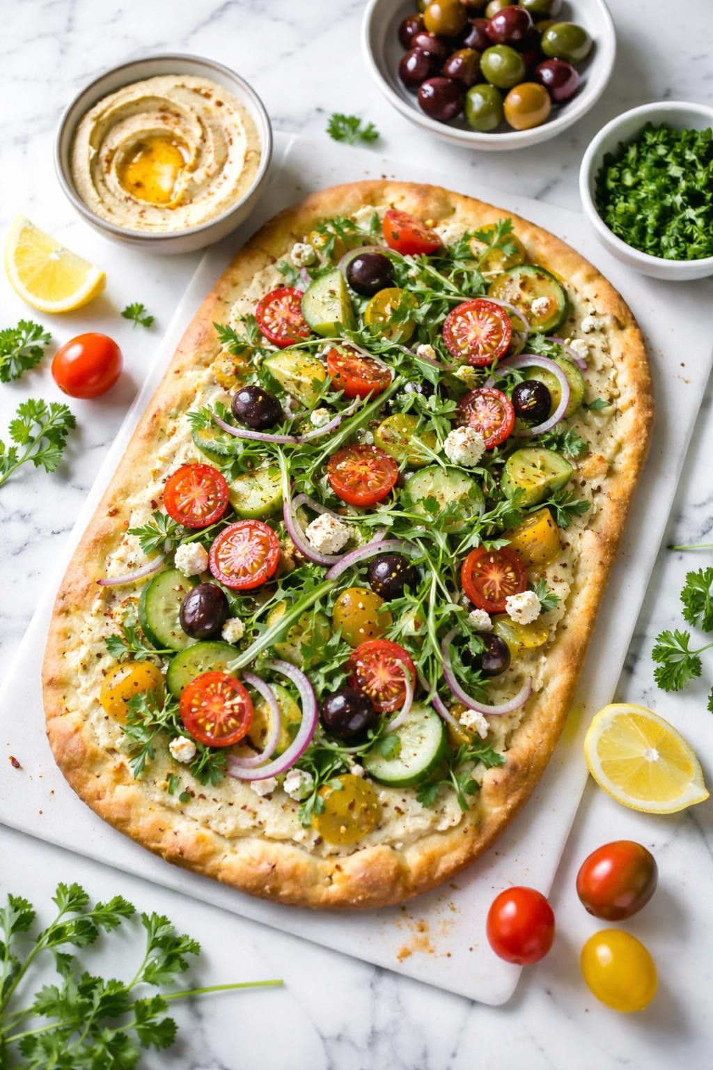 Image Prompt: Realistic top-down editorial food photography of a vegan Mediterranean flatbread on a clean white and gray marble countertop, crisp flatbread topped with hummus, tomatoes, cucumbers, red onion, olives, parsley, and arugula, fresh homemade lunch styling, bright natural window lighting, soft shadows, clean composition, high detail, realistic food texture, no people, no hands, no text, no watermarks, no props with writing.