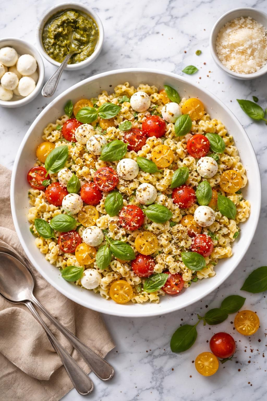 An overheard picture view of a plate of  Caprese Macaroni Salad  sitting on a marble countertop table in the kitchen, professional food photography style.
