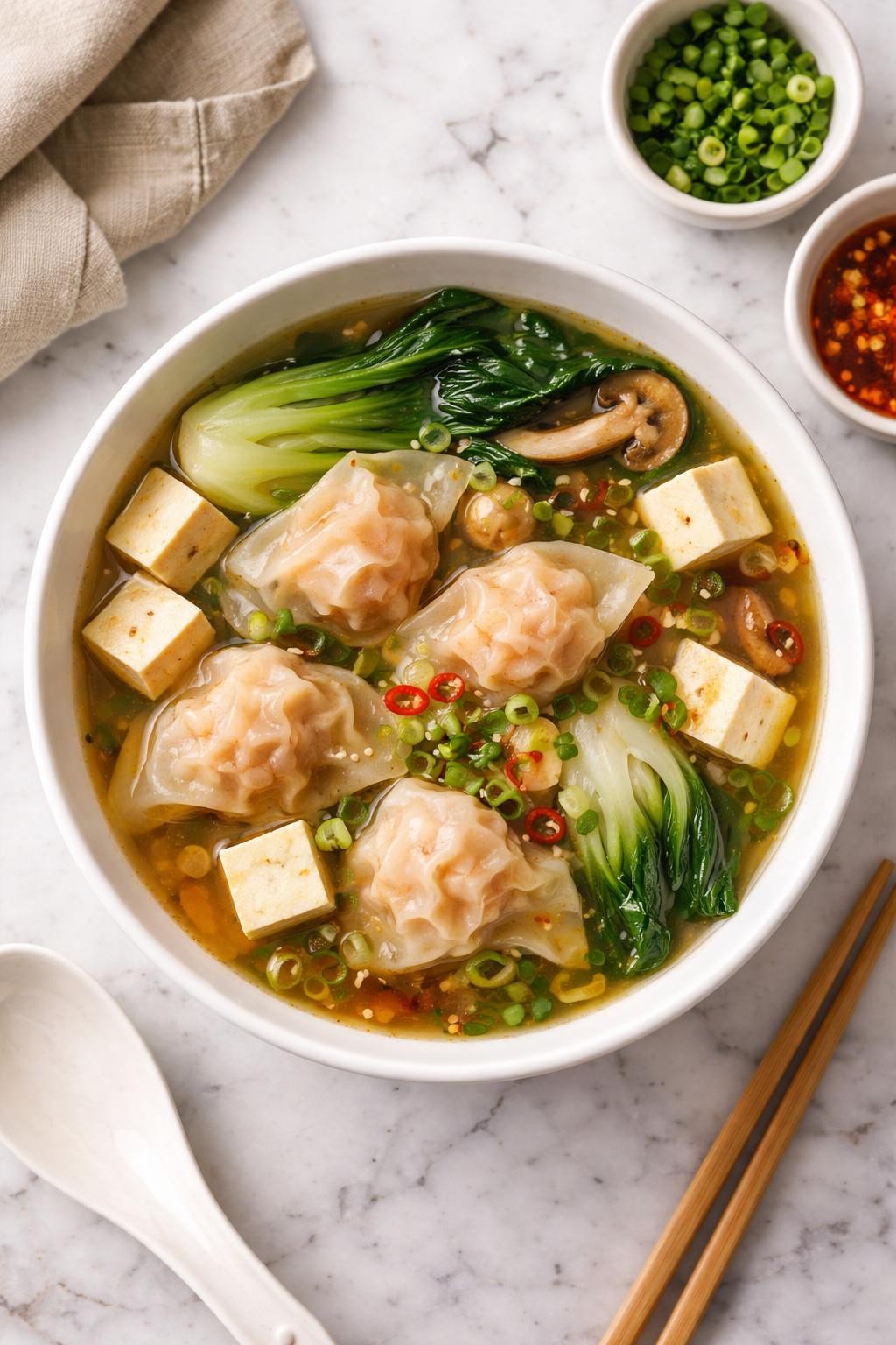 An overheard picture view of a plate of Wonton Soup with Tofu sitting on a marble countertop table in the kitchen, professional food photography style.