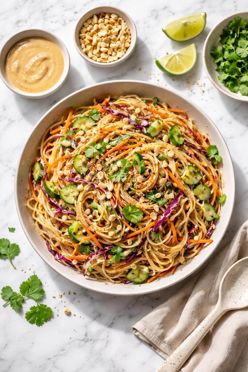 Image Prompt: Realistic top-down editorial food photography of a creamy peanut noodle salad on a white marble countertop, noodles tossed with shredded carrots, red cabbage, cucumber, chopped peanuts, and creamy peanut dressing in a shallow bowl, easy homemade lunch styling, bright natural daylight, soft shadows, clean editorial composition, high detail, realistic texture, no people, no hands, no text, no watermarks, no props with writing.