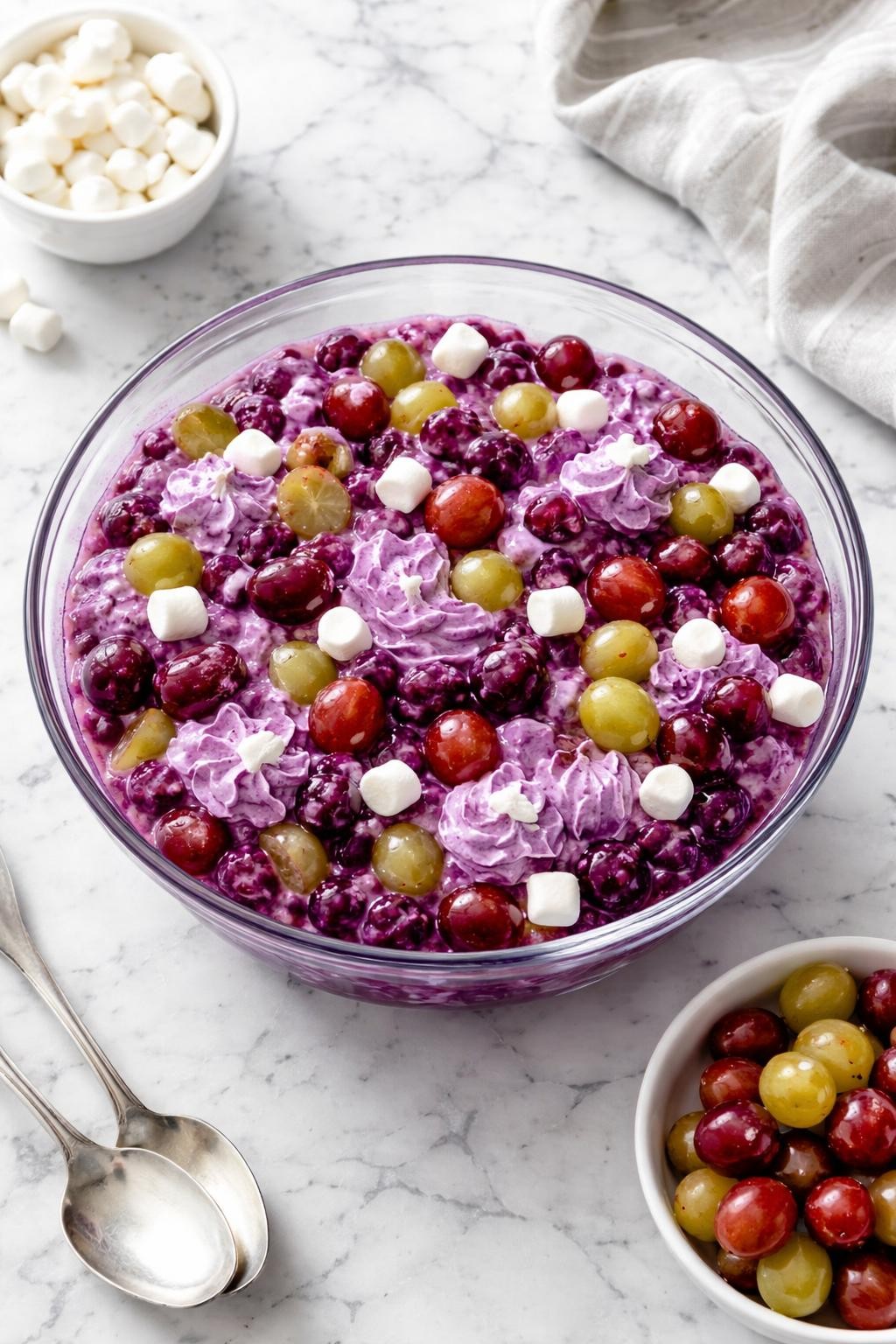Image Prompt: Realistic top-down editorial food photography of grape jello fruit salad in a clear serving bowl on a clean white and gray marble countertop, glossy purple jello mixed with halved green and red grapes, mini marshmallows, and whipped topping, fun homemade gathering dessert styling, bright natural window lighting, soft shadows, clean composition, high detail, realistic texture, no people, no hands, no text, no watermarks, no props with writing.