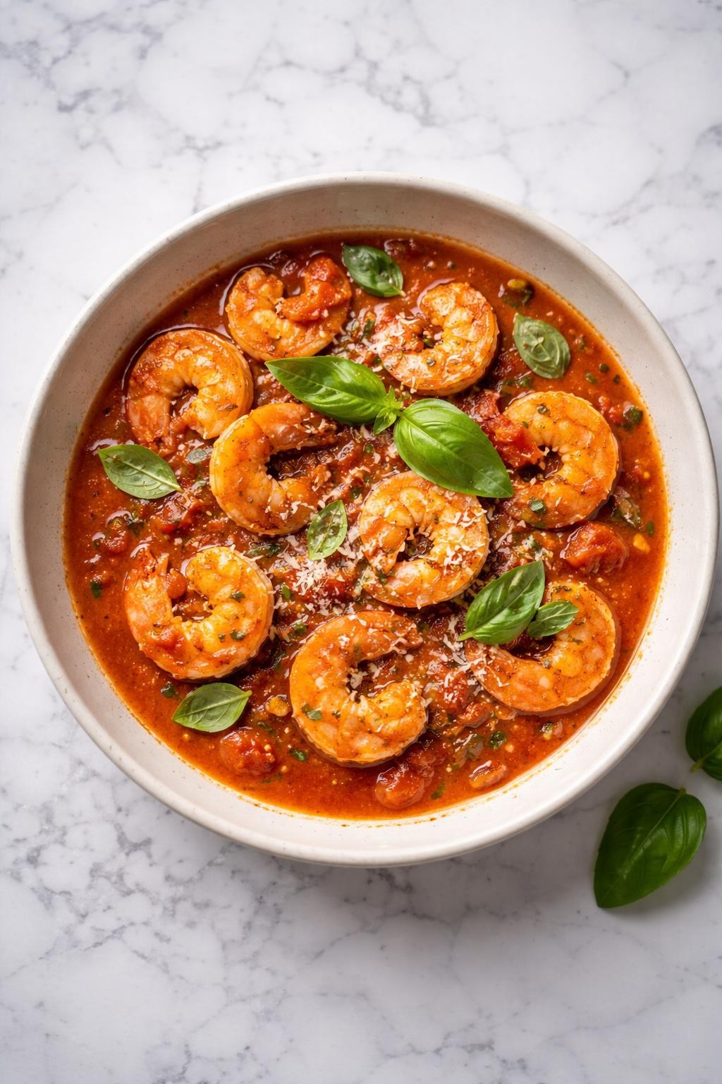 Image Prompt: Realistic top-down editorial food photography of Italian shrimp marinara in a shallow bowl on a clean marble countertop, shrimp simmered in rich marinara sauce with garlic, herbs, and parmesan, served with basil on top, warm natural daylight, cozy homemade dinner mood, no people, no hands, no text, no watermarks, no props with writing.