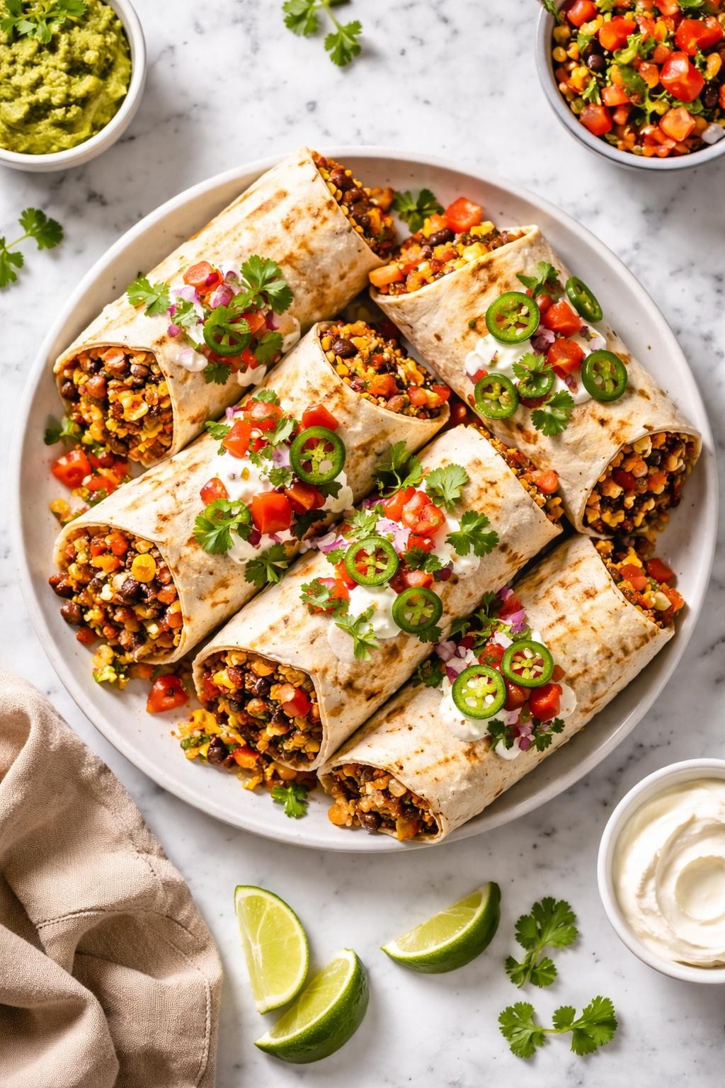 An overheard picture view of a plate of Loaded Burritos with Beef, Beans, and Corn sitting on a marble countertop table in the kitchen, professional food photography style.