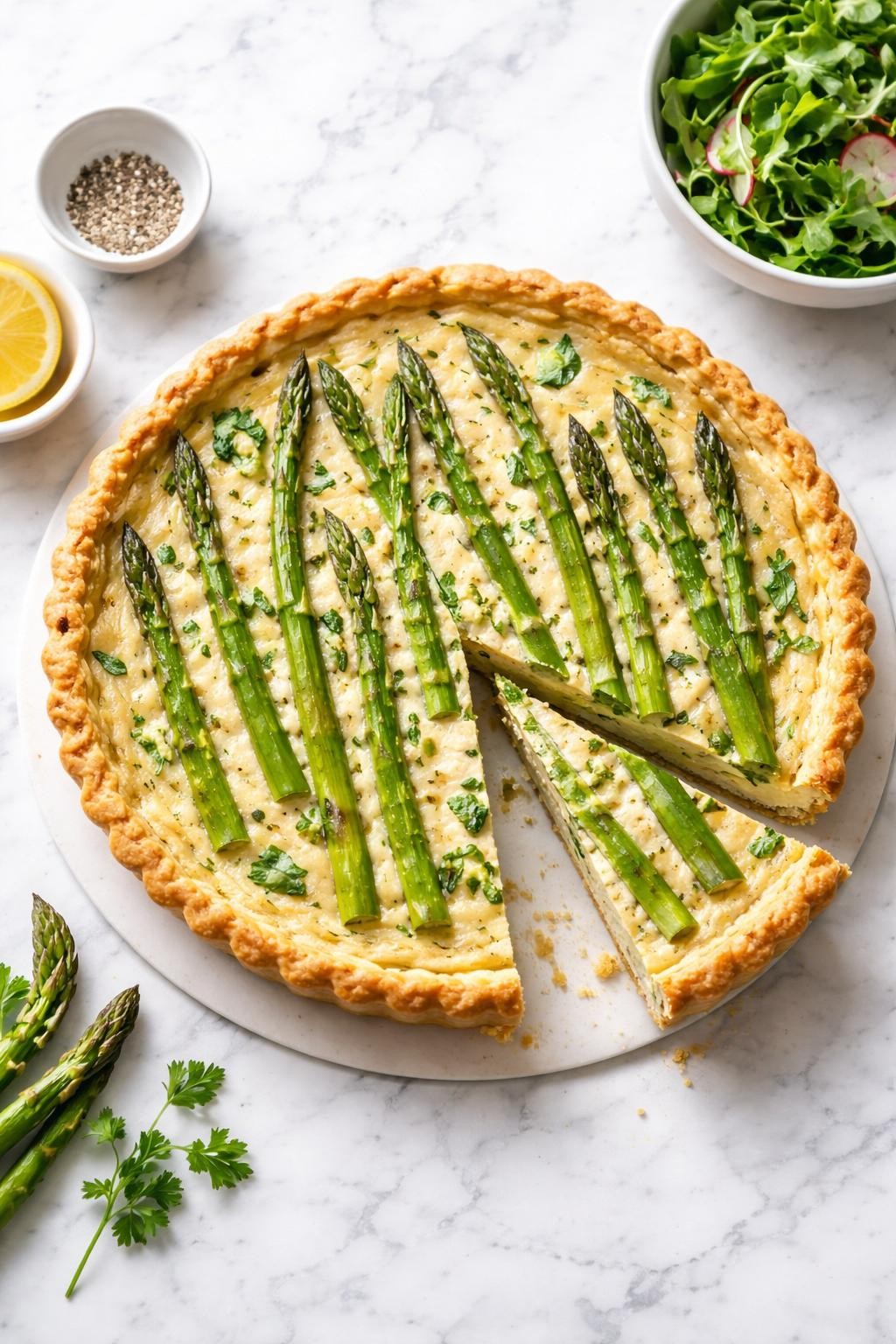 Image Prompt: Top-down realistic editorial food photography of a homemade vegan asparagus quiche on a clean white marble countertop, golden crust filled with creamy tofu filling and tender asparagus pieces, one slice removed to show the elegant savory center, fresh spring brunch mood, bright natural daylight, soft shadows, clean composition, high detail, no people, no hands, no text, no watermarks, no props with writing.