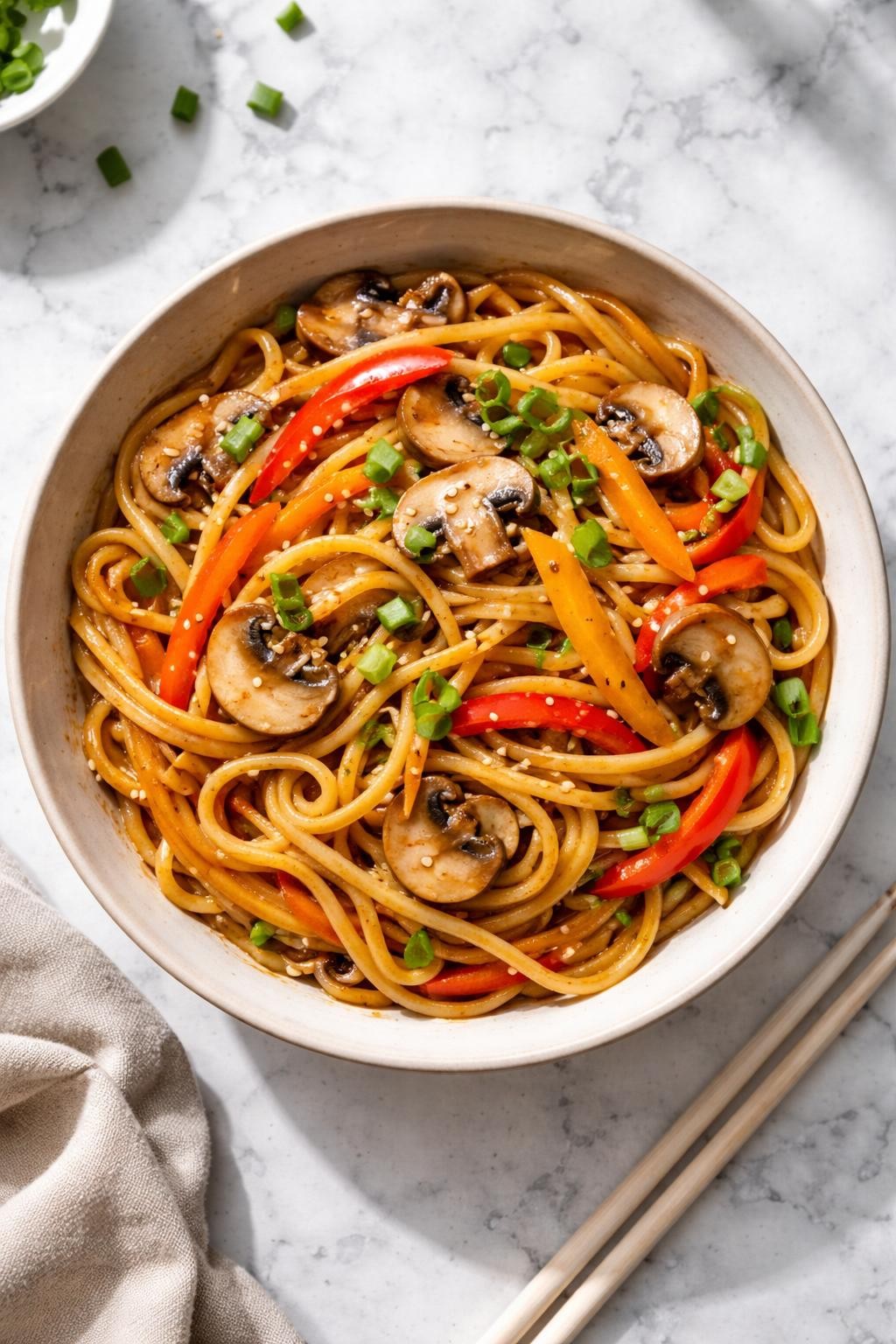 Image Prompt: Top-down realistic editorial food photography of vegan lo mein in a shallow bowl on a clean white and gray marble countertop, soft noodles tossed with mushrooms, carrots, bell peppers, and glossy brown sauce, cozy homemade dinner mood, bright natural light, soft shadows, high detail, realistic texture, no people, no hands, no text, no watermarks, no props with writing.