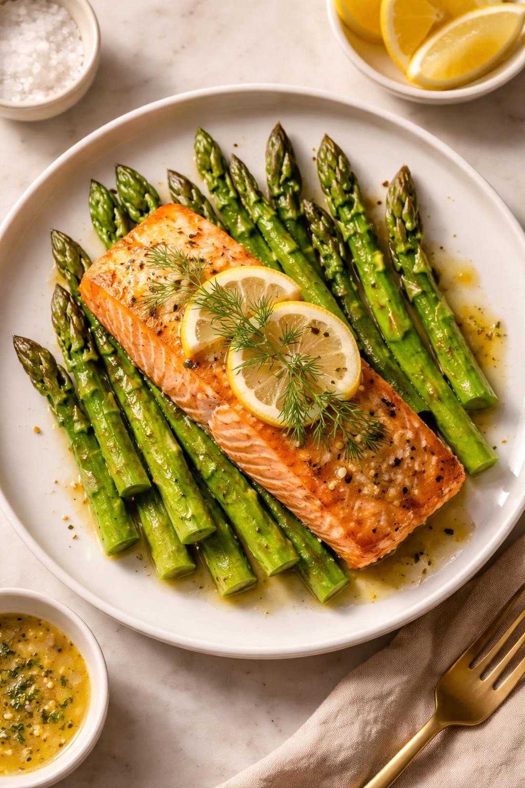 "Realistic top-down food photography of a white plate with a piece of lemon garlic butter salmon on a bed of asparagus. The salmon is flaky and pink with a golden sear, topped with melted butter, lemon slices, and fresh dill. The asparagus is bright green and slightly charred. Soft evening light, restaurant-quality dinner in 20 minutes, no people, no hands, no text, no watermarks."