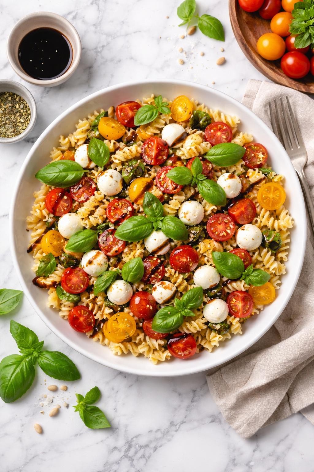 An overheard picture view of a plate of  Caprese Pasta Salad with Balsamic Glaze  sitting on a marble countertop table in the kitchen, professional food photography style.
