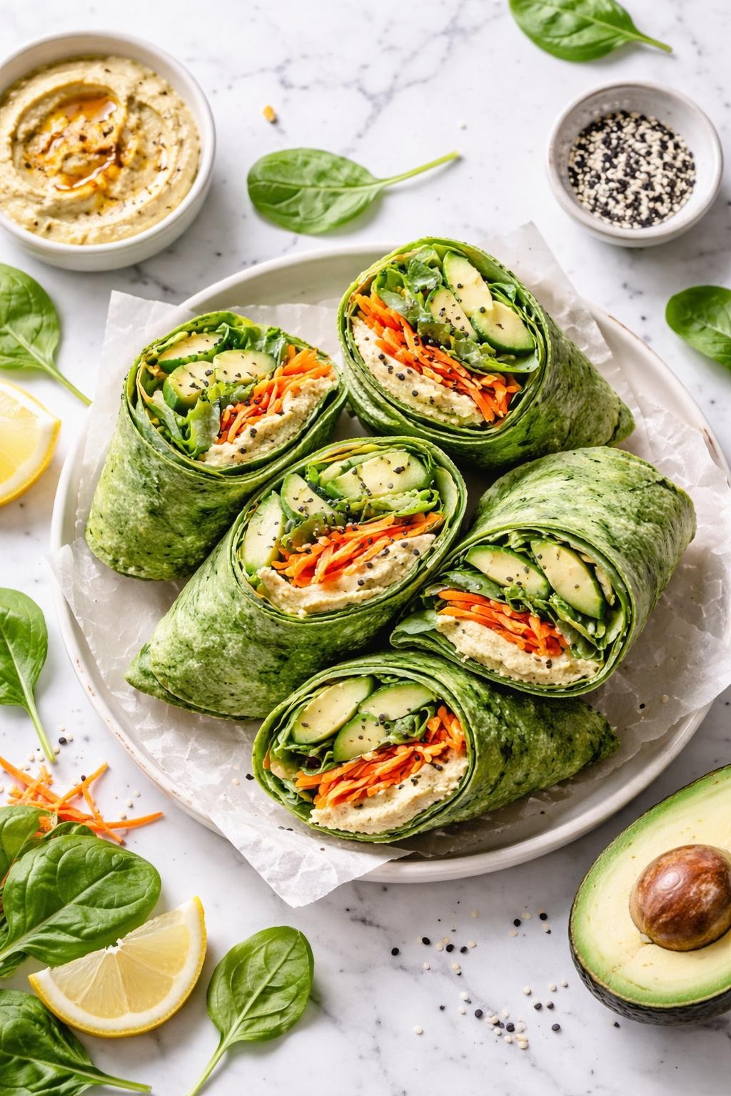 Image Prompt: Top-down realistic editorial food photography of vegan spinach wraps on a clean white and gray marble countertop, soft wraps filled with hummus, fresh spinach, shredded carrots, cucumber, and sliced avocado, cut in halves to show the filling, fresh simple homemade meal mood, bright natural window light, soft shadows, high detail, no people, no hands, no text, no watermarks, no props with writing.