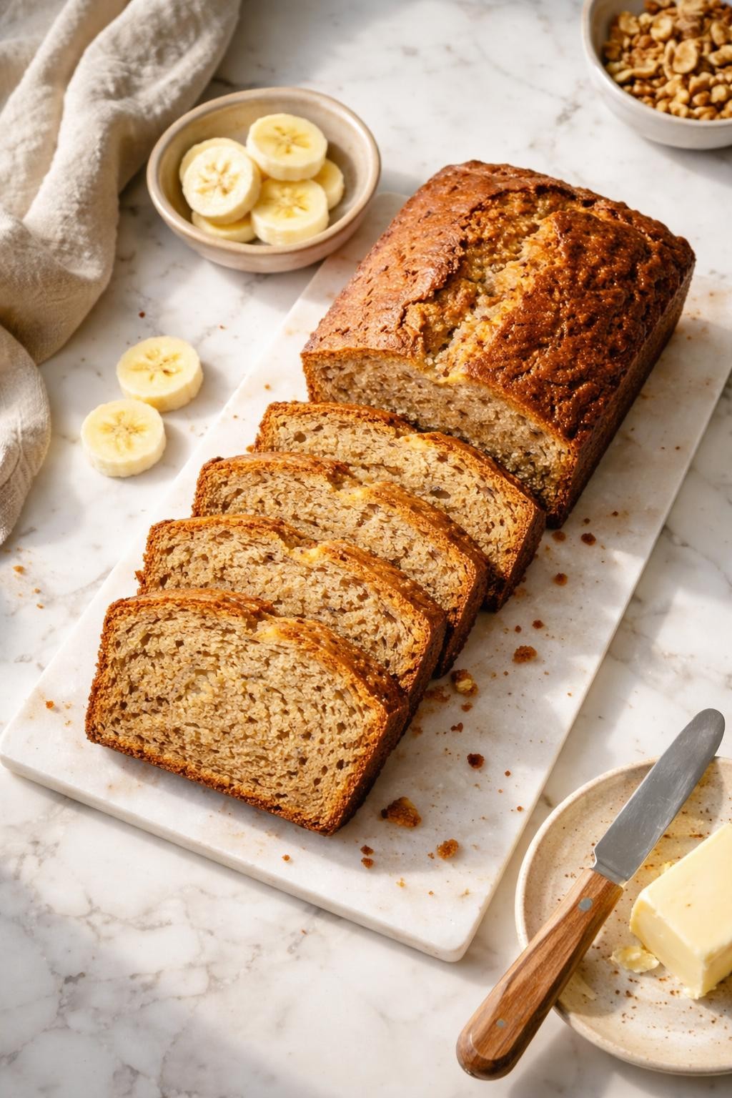 Image Prompt: Realistic top-down editorial food photography of a loaf of vegan banana bread sliced on a white marble countertop, moist golden banana bread with a soft center and lightly browned crust, a few banana slices nearby, cozy homemade baking mood, bright natural window lighting, soft shadows, clean composition, high detail, realistic food texture, no people, no hands, no text, no watermarks, no props with writing.