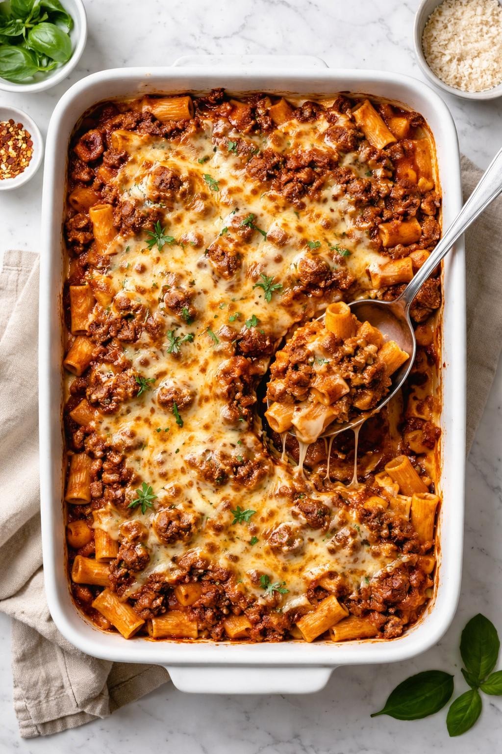 Top-down realistic food photography of baked pasta with ground beef in a casserole dish on a clean white marble countertop, pasta covered in rich tomato sauce with browned ground beef and melted golden cheese on top, a serving spoon lifting out a portion to show the layered texture, cozy homemade dinner mood, soft natural daylight, clean editorial food styling, high detail, realistic food texture, no people, no hands, no text, no watermarks, no props with writing.
