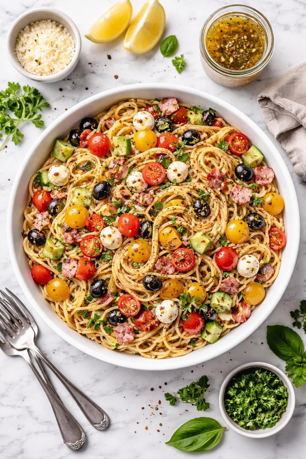 An overheard picture view of a plate of Spaghetti Salad with Homemade Italian Dressing   sitting on a marble countertop table in the kitchen, professional food photography style.
