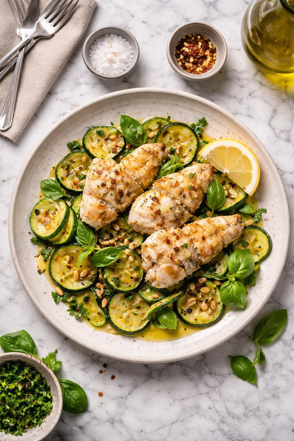 An overheard picture view of a plate of Monkfish Fillet with Zucchini sitting on a marble countertop table in the kitchen, professional food photography style.