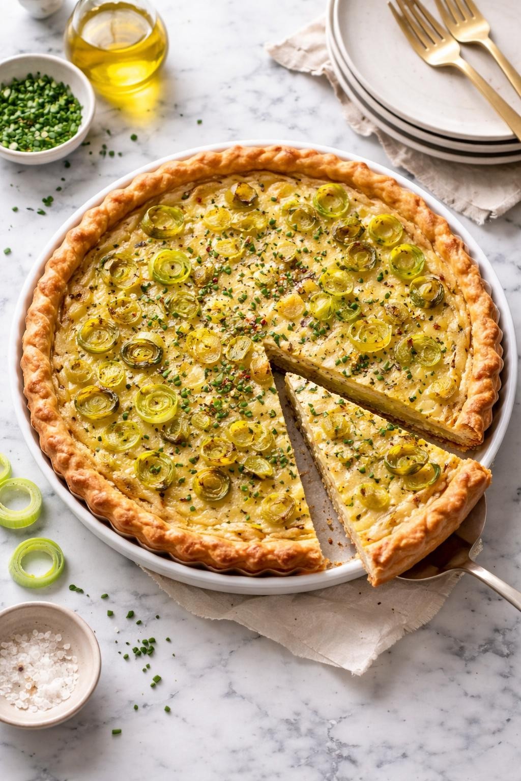 Image Prompt: Top-down realistic editorial food photography of a homemade vegan leek quiche on a clean white and gray marble countertop, flaky crust filled with creamy tofu filling and tender sautéed leeks, one slice lifted out to show the soft savory center, elegant cozy brunch mood, bright natural window lighting, soft shadows, high detail, no people, no hands, no text, no watermarks, no props with writing.
