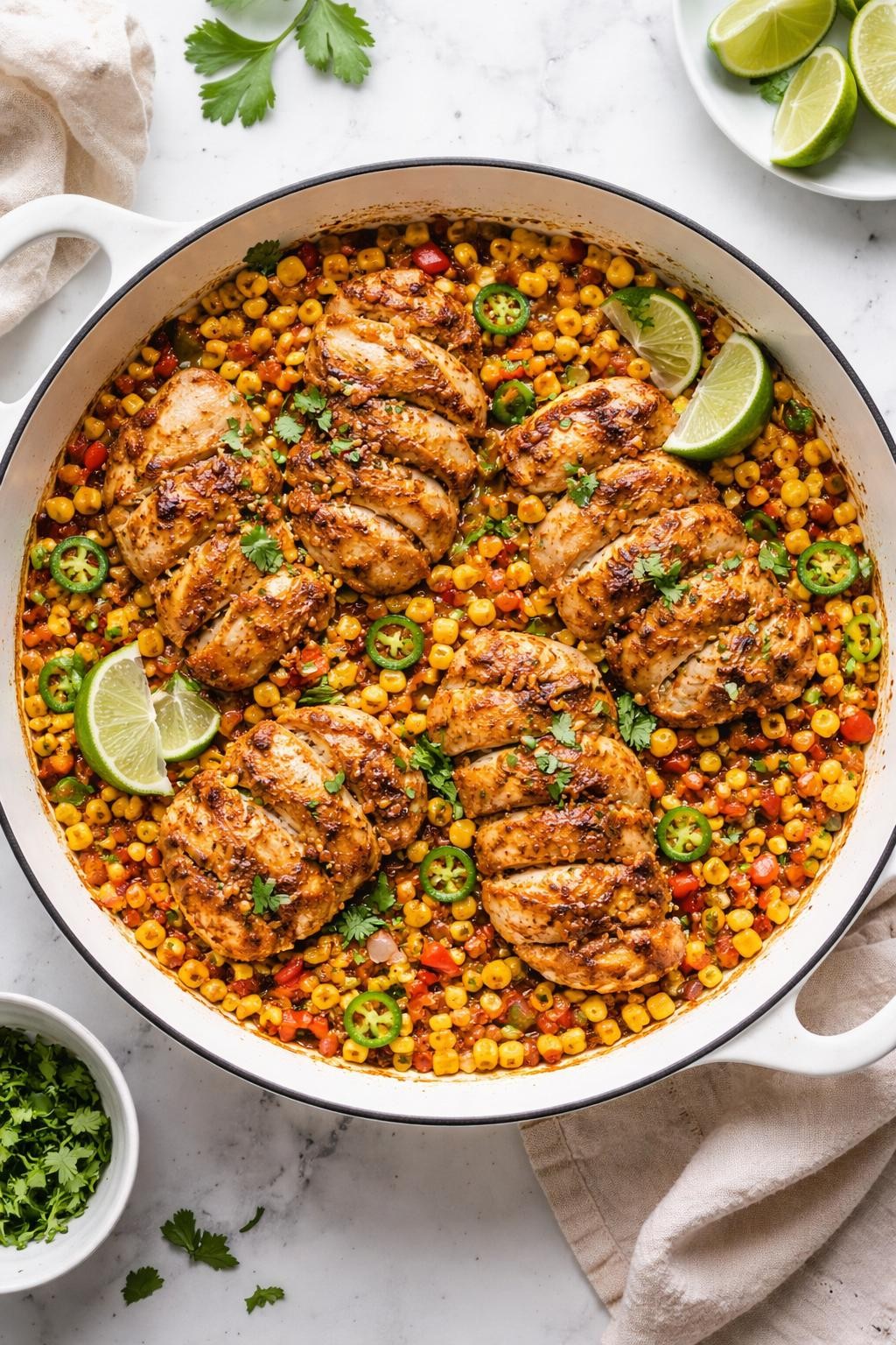 Image Prompt: Realistic top-down editorial food photography of a Mexican chicken thigh corn skillet in a white skillet on a clean marble countertop, sliced chicken thighs cooked with corn, peppers, onions, and spices, cozy homemade weeknight dinner styling, bright natural light, no people, no hands, no text, no watermarks, no props with writing.
