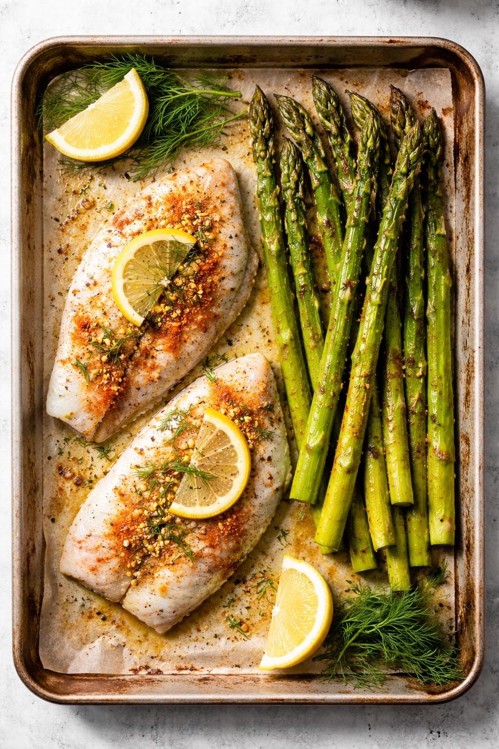 Prompt: Realistic top-down editorial food photography of a sheet pan with two white fish fillets (like cod or tilapia) seasoned with paprika and lemon, alongside a bundle of roasted asparagus spears. A lemon wedge and fresh dill are on the side. Bright natural light, light and healthy weeknight dinner, no people, no hands, no text, no watermarks, no props with writing.