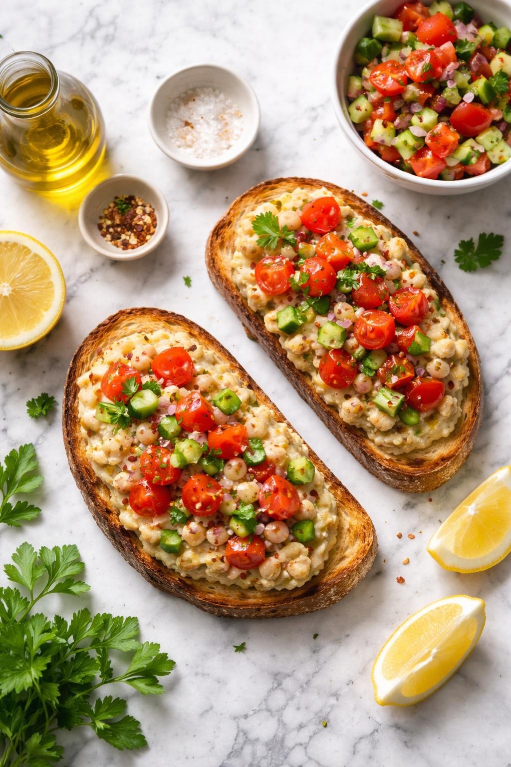 Image Prompt: Realistic top-down editorial food photography of tomato cucumber white bean toast on a clean white and gray marble countertop, toasted rustic bread topped with mashed white beans, chopped cucumber, tomatoes, parsley, red onion, and olive oil, fresh homemade lunch styling, bright natural window lighting, soft shadows, clean composition, high detail, realistic food texture, no people, no hands, no text, no watermarks, no props with writing.