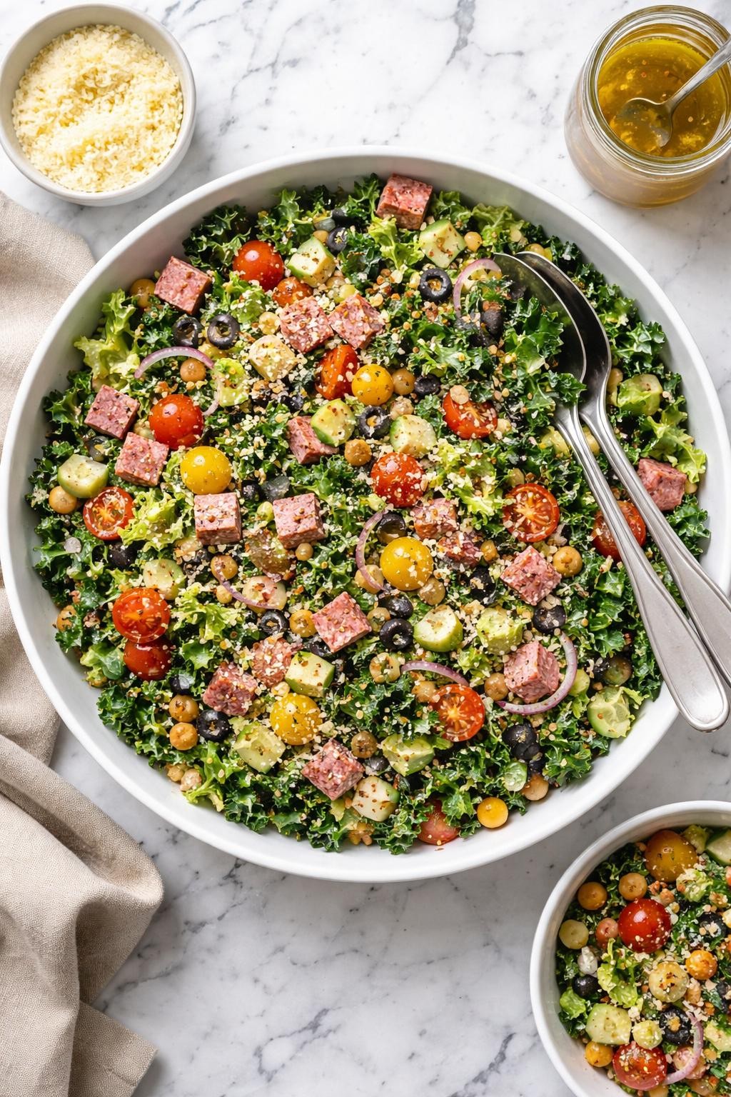 An overheard picture view of a plate of Kale and Italian Chopped Salad sitting on a marble countertop table in the kitchen, professional food photography style.