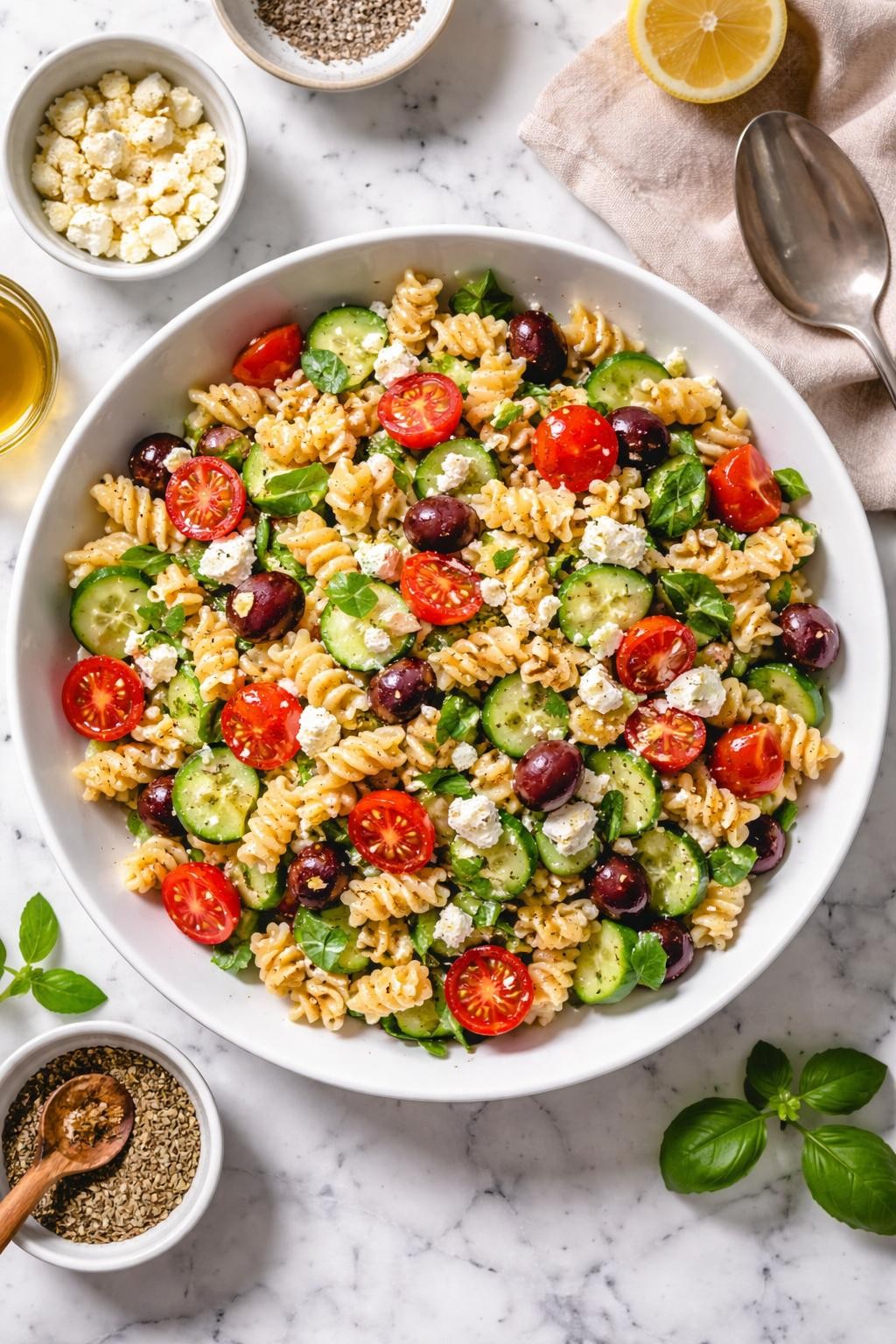 An overheard picture view of a plate of Simple Five-Ingredient Mediterranean Pasta Salad sitting on a marble countertop table in the kitchen, professional food photography style.