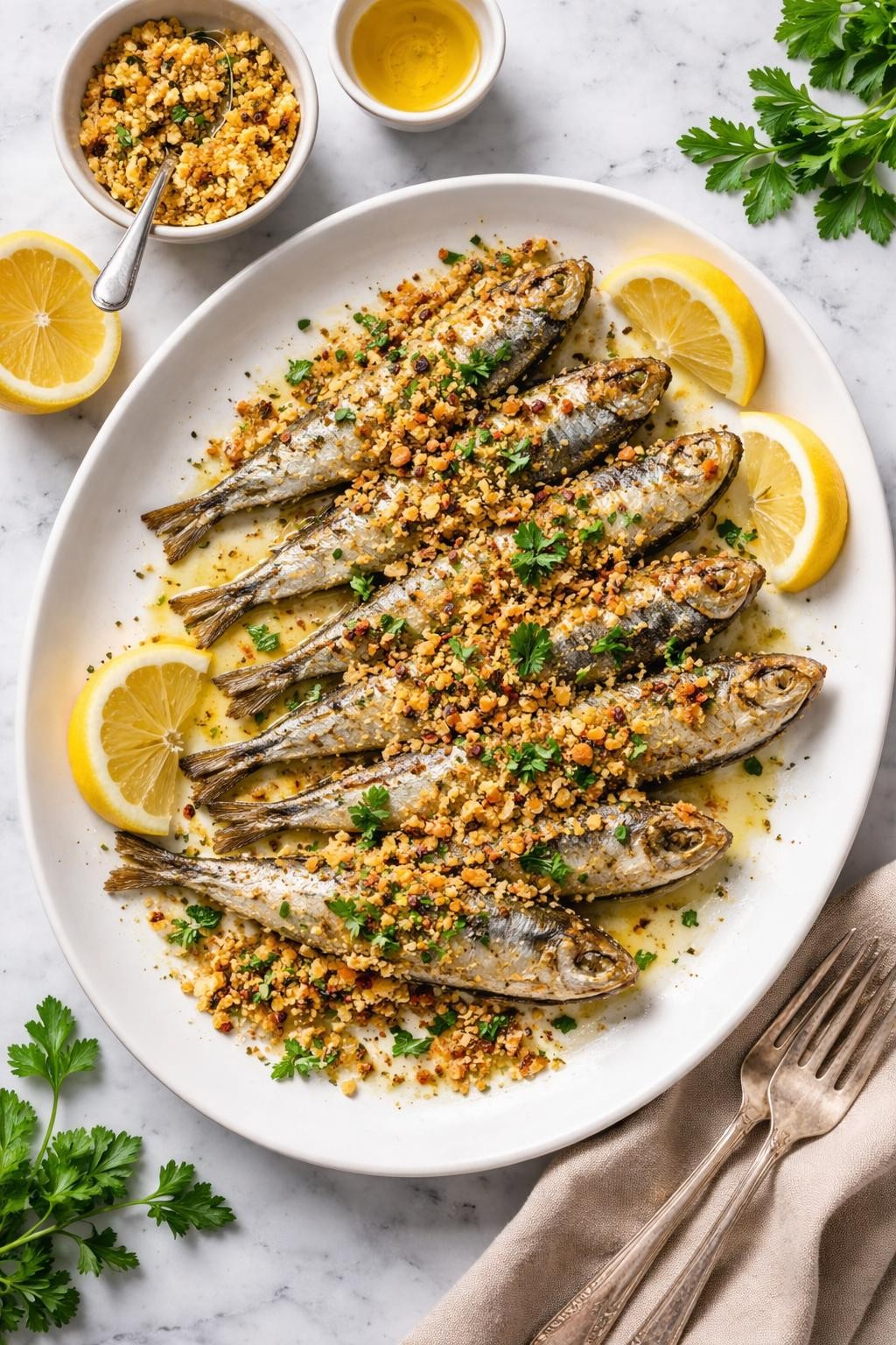 An overheard picture view of a plate of Baked Sardines with Breadcrumbs and Lemon sitting on a marble countertop table in the kitchen, professional food photography style.
