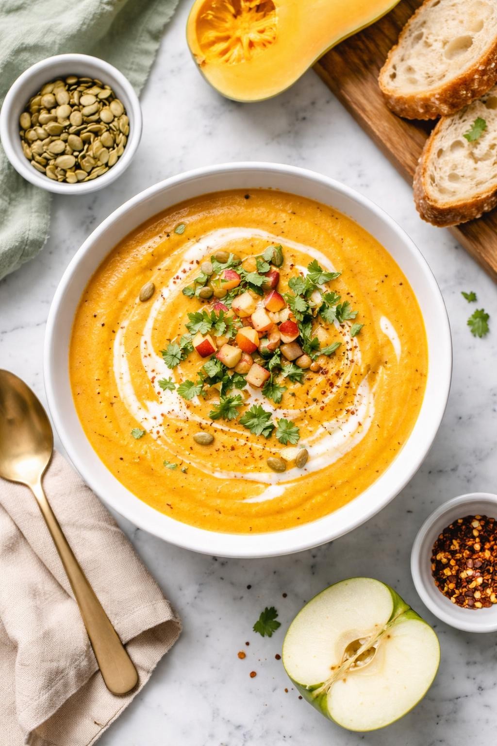 An overheard picture view of a plate of Curried Butternut Squash and Apple Soup sitting on a marble countertop table in the kitchen, professional food photography style.