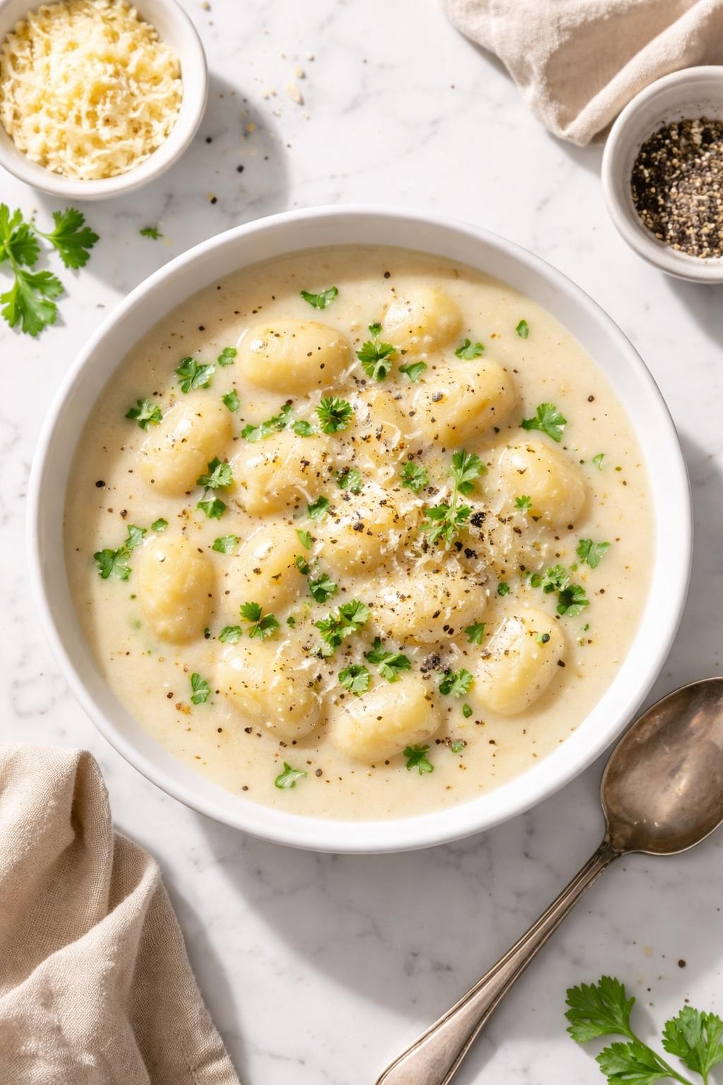 Image Prompt: Realistic top-down editorial food photography of creamy parmesan gnocchi soup in a simple white bowl on a clean white marble countertop, creamy pale soup with soft gnocchi, melted parmesan, black pepper, and parsley, warm homemade styling, bright natural light, soft shadows, no people, no hands, no text, no watermarks, no props with writing.