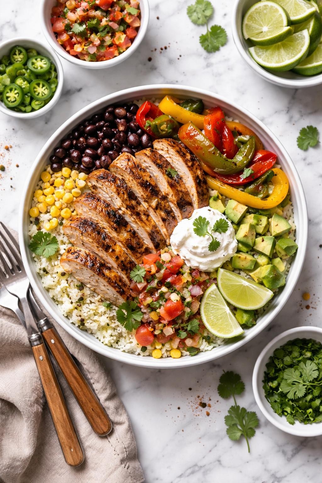 An overheard picture view of a plate of Grilled Chicken Fajita Bowls sitting on a marble countertop table in the kitchen, professional food photography style.
