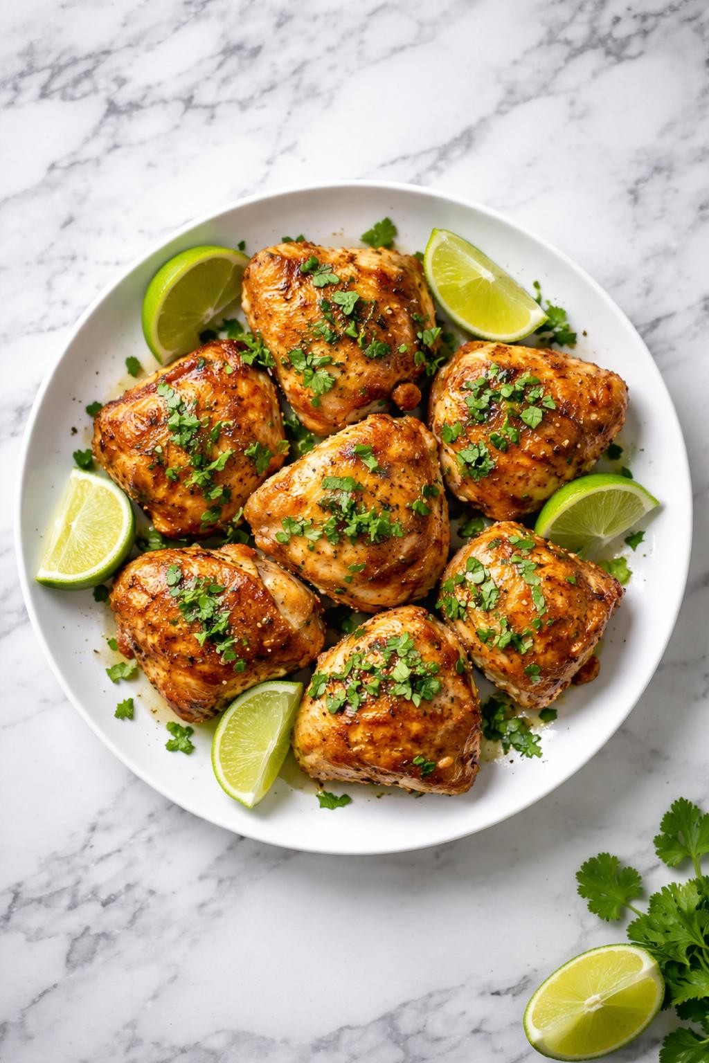 Image Prompt: Realistic top-down editorial food photography of lime cilantro chicken thighs on a white plate over a clean white and gray marble countertop, golden pan-seared chicken thighs topped with chopped cilantro and lime wedges, simple homemade Mexican-style dinner styling, bright natural window light, no people, no hands, no text, no watermarks, no props with writing.
