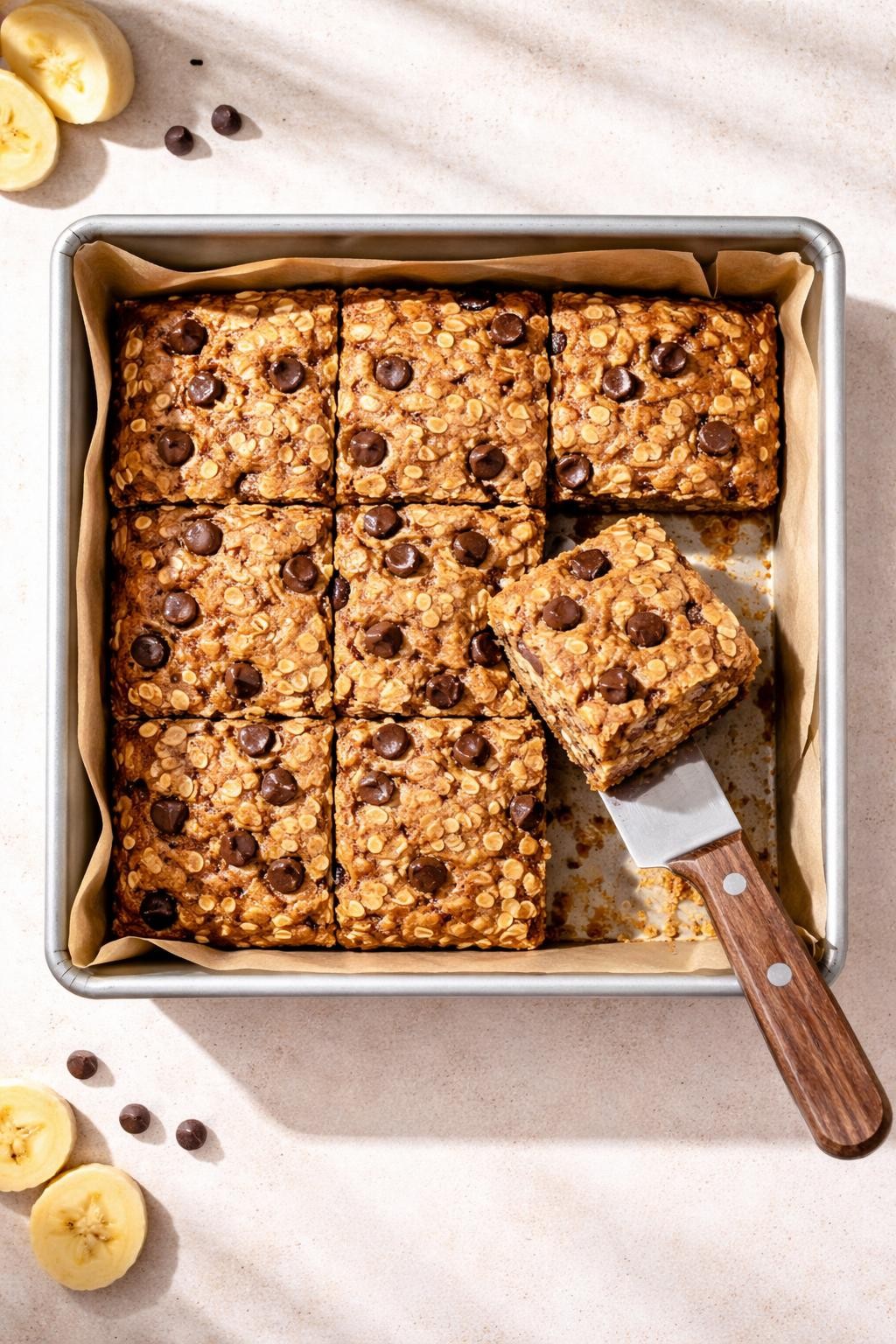 Photo prompt: Realistic top-down food photography of a square baking pan filled with baked oatmeal bars. The top is golden-brown with melted chocolate chips peeking through. A knife cuts a square, showing a moist, dense interior with banana specks. A few extra chocolate chips scattered. Bright morning light, healthy freezer breakfast mood. No people, no hands, no text, no watermarks, no props with writing.