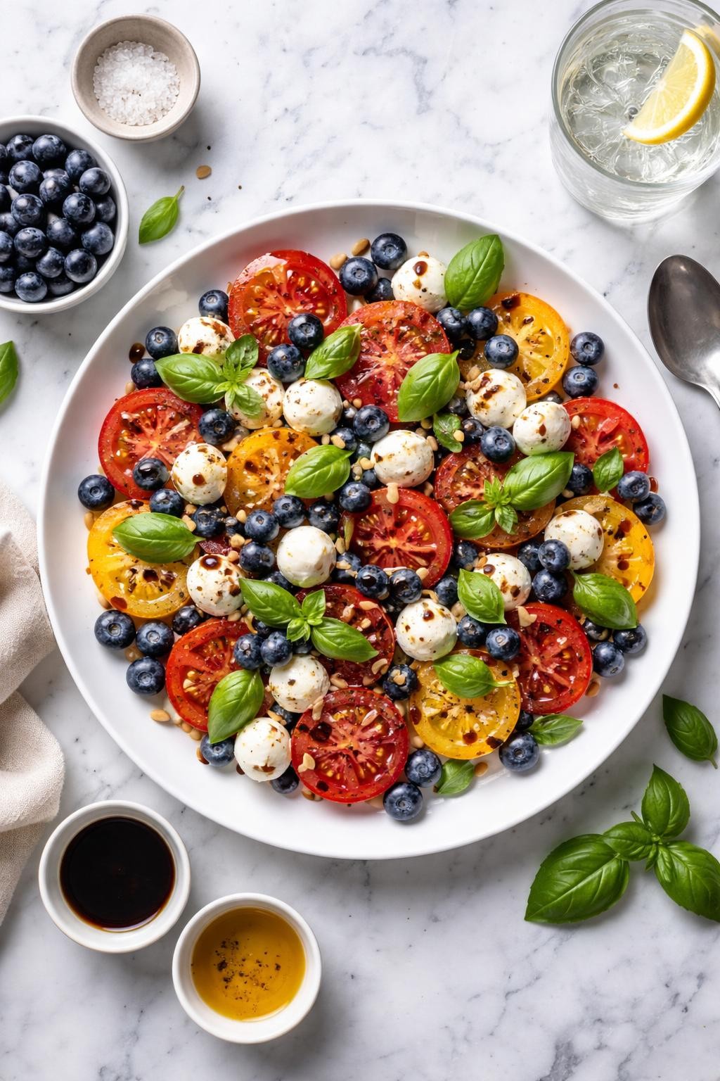 An overheard picture view of a plate of Blueberry Caprese Salad sitting on a marble countertop table in the kitchen, professional food photography style.