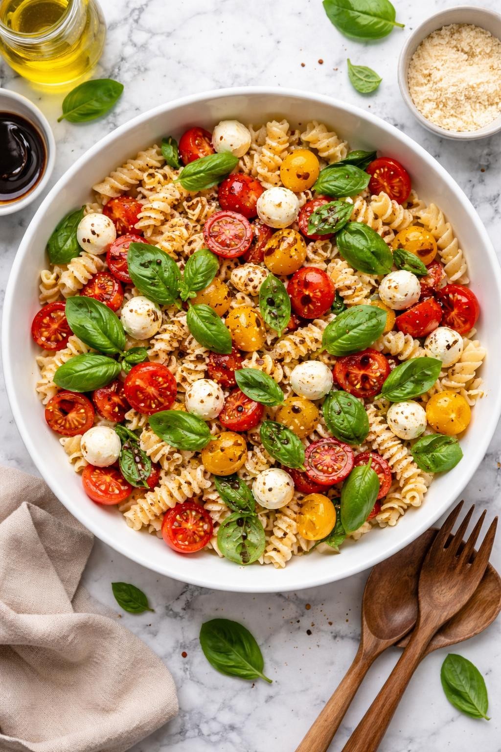 An overheard picture view of a plate of  Classic Caprese Pasta Salad  sitting on a marble countertop table in the kitchen, professional food photography style.
