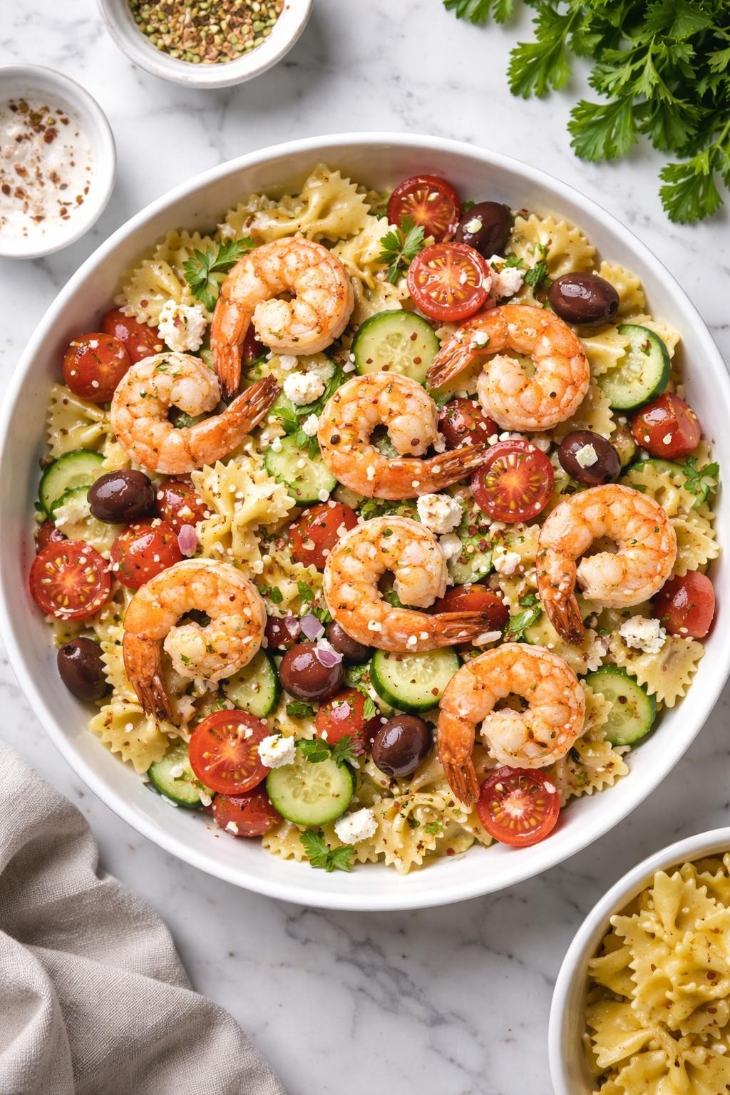 An overheard picture view of a plate of Mediterranean Pasta Salad with Shrimp sitting on a marble countertop table in the kitchen, professional food photography style.
