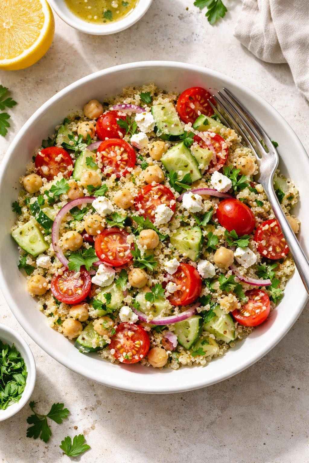 Photo prompt: Realistic top-down editorial food photography of a white bowl filled with quinoa salad: chickpeas, cucumber, cherry tomatoes, red onion, feta cheese, and fresh parsley, all tossed in a lemon-oregano vinaigrette. A fork resting on the side. Bright natural light, fresh and hearty lunch box salad mood, no people, no hands, no text, no watermarks, no props with writing.