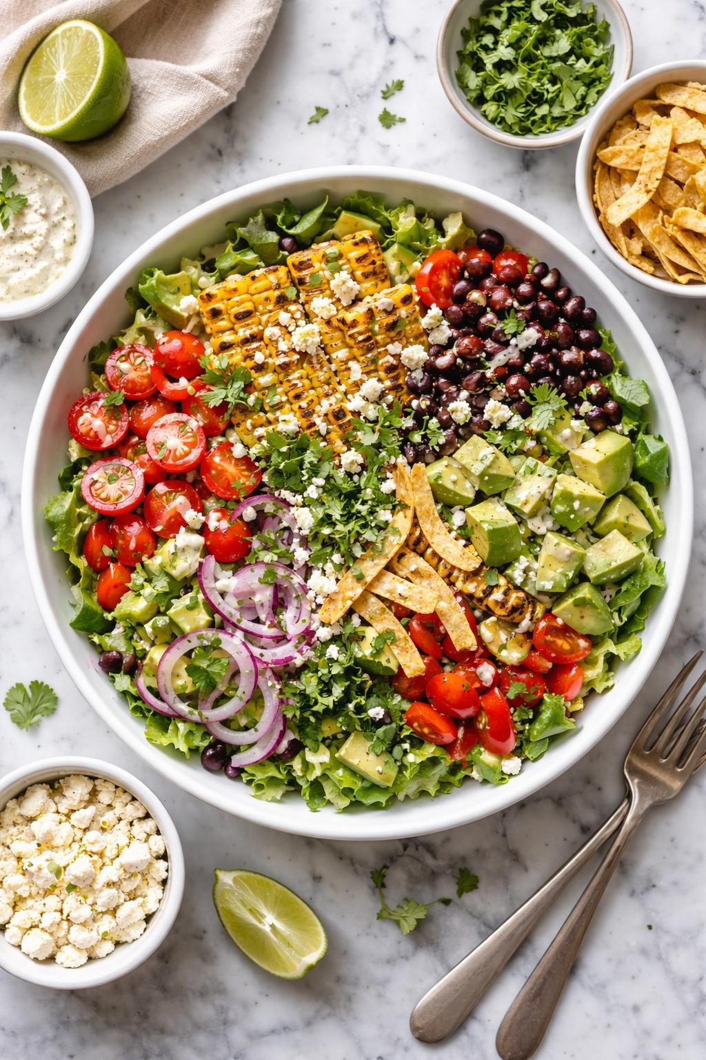 An overheard picture view of a plate of Vegetarian Southwest Salad with Roasted Corn sitting on a marble countertop table in the kitchen, professional food photography style.