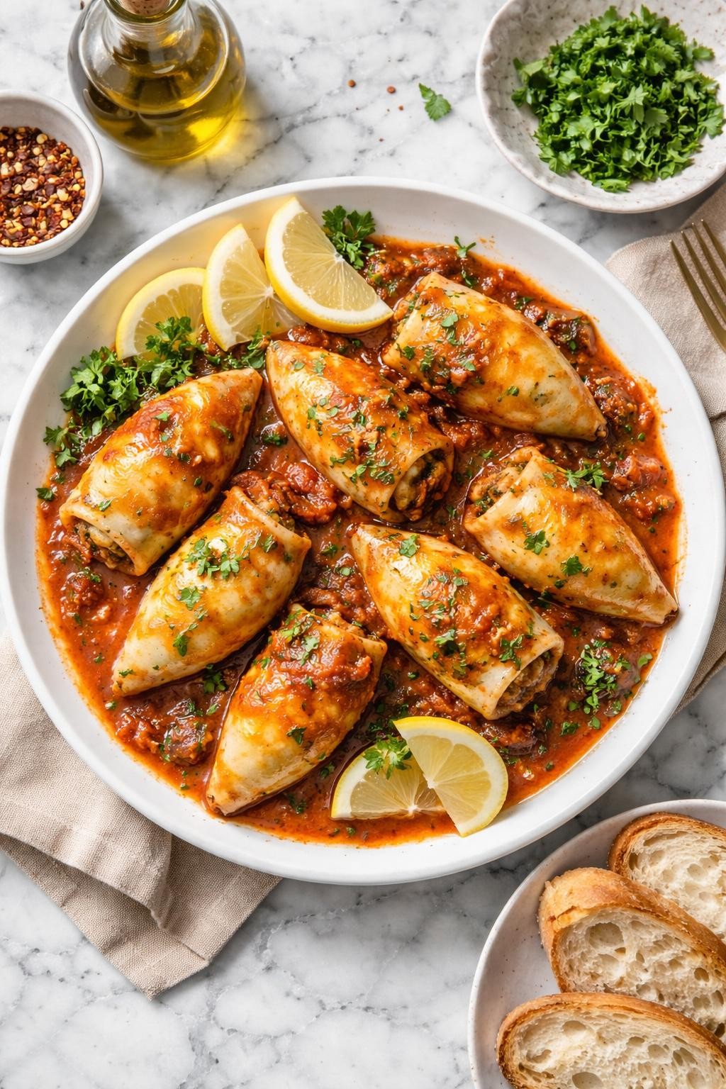 An overheard picture view of a plate of Neapolitan Stuffed Calamari (Calamari'Mbuttunati') sitting on a marble countertop table in the kitchen, professional food photography style.