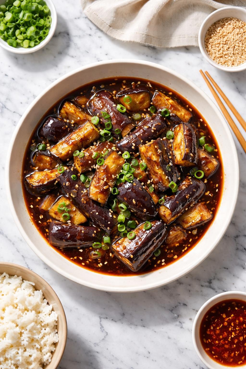 Image Prompt: Top-down realistic editorial food photography of vegan eggplant in garlic sauce on a clean white and gray marble countertop, tender eggplant pieces coated in a glossy dark garlic sauce with green onions, cozy homemade Chinese-inspired dinner styling, bright natural light, soft shadows, high detail, no people, no hands, no text, no watermarks, no props with writing.