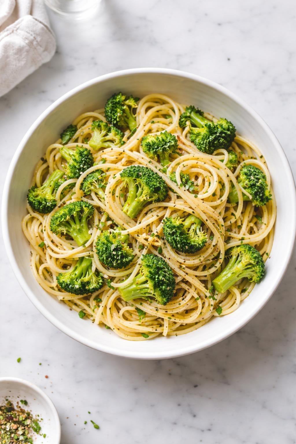 Image Prompt: Realistic top-down editorial food photography of vegan broccoli pasta in a shallow white bowl on a clean marble countertop, pasta tossed with tender broccoli, garlic, olive oil, and light herbs, simple homemade dinner mood, bright natural light, clean composition, high detail, no people, no hands, no text, no watermarks, no props with writing.