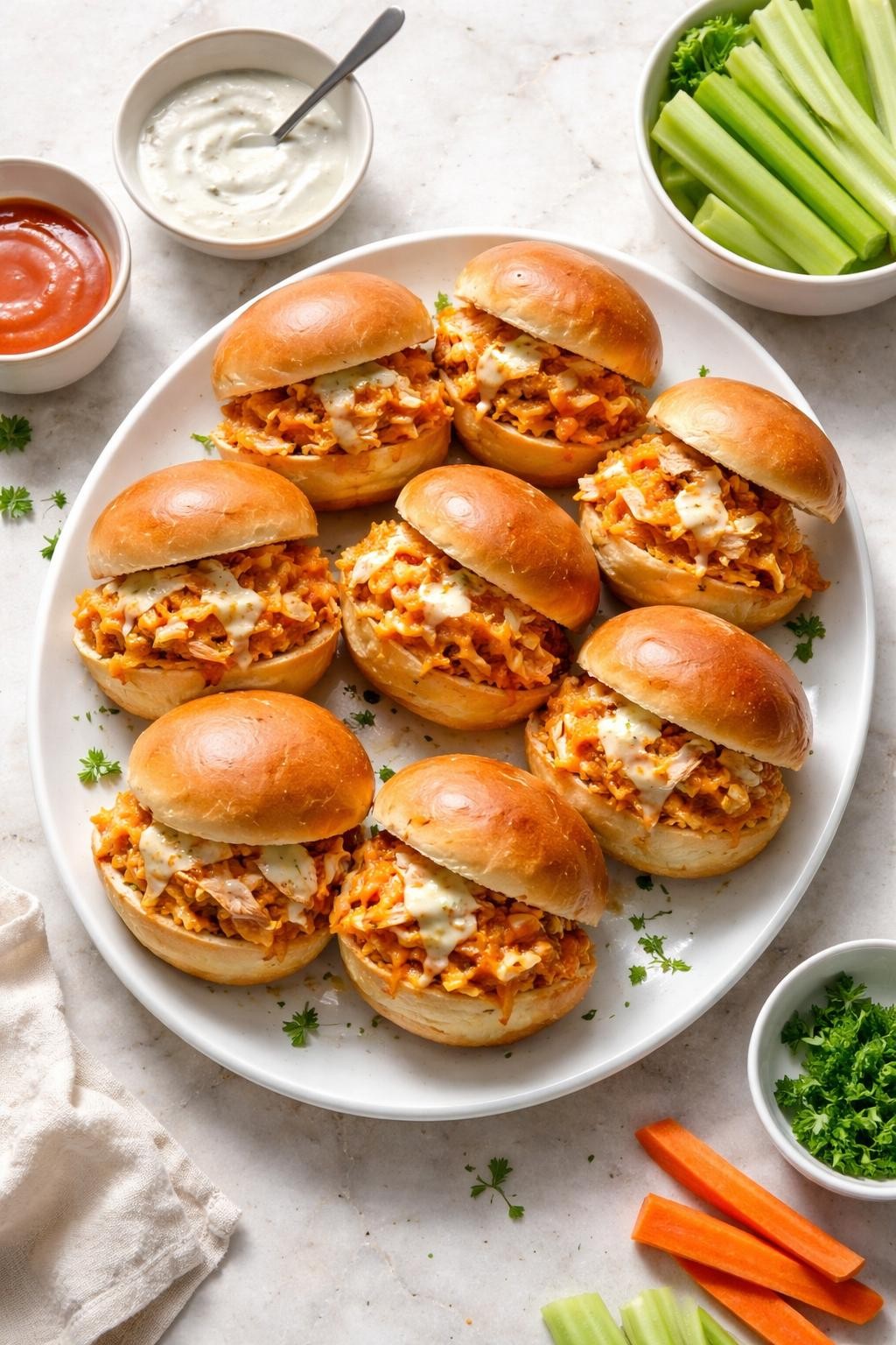 Prompt: Top-down realistic editorial food photography of buffalo chicken sliders on a clean light marble countertop, soft slider buns filled with shredded rotisserie chicken tossed in buffalo sauce, melted cheese, and a little ranch dressing, warm casual homemade meal mood, bright natural daylight, soft shadows, clean composition, high detail, realistic food texture, no people, no hands, no text, no watermarks, no props with writing.