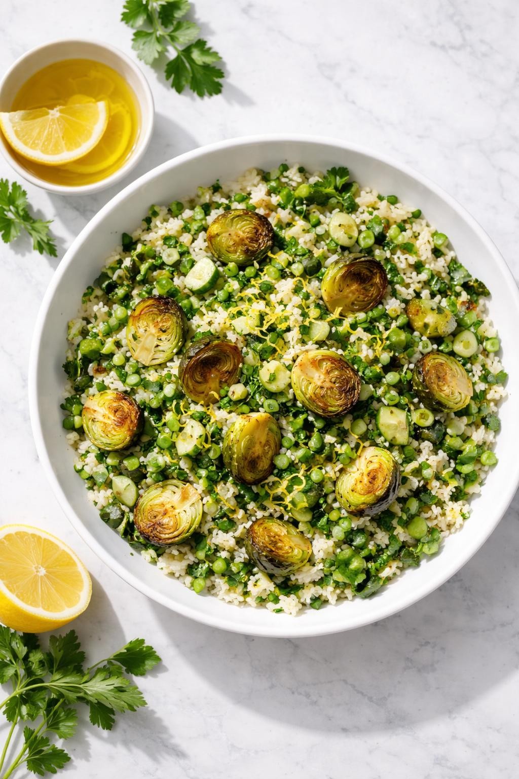 Image Prompt: Realistic top-down editorial food photography of a roasted Brussels sprout and herb rice salad in a clean white bowl on a marble countertop, roasted Brussels sprouts mixed with fluffy rice, chopped parsley, cucumber, green onion, and lemon dressing, bright natural light, soft shadows, clean homemade styling, realistic textures, no people, no hands, no text, no watermarks, no props with writing.