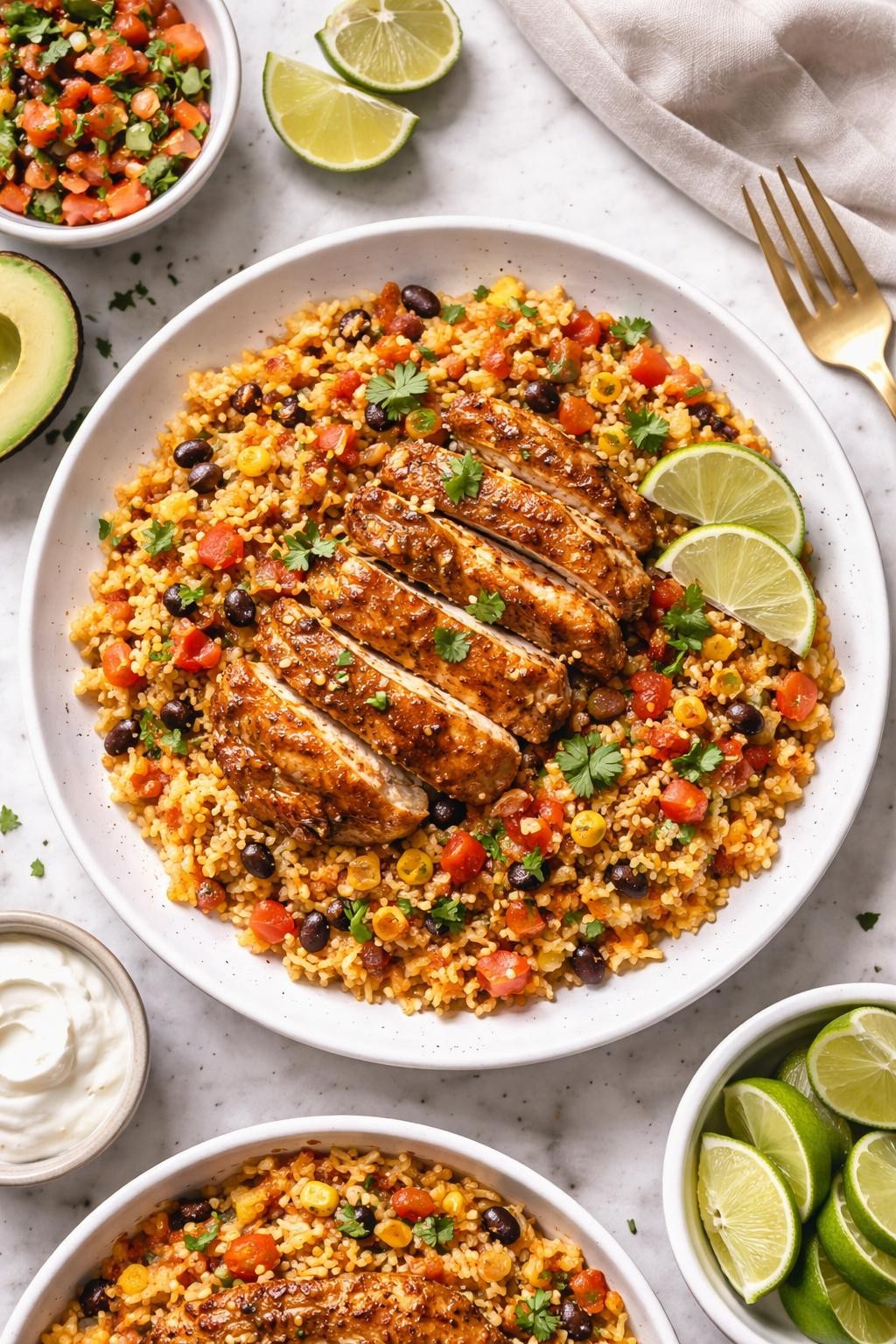 An overheard picture view of a plate of Mexican Chicken and Rice (Arroz con Pollo) sitting on a marble countertop table in the kitchen, professional food photography style.