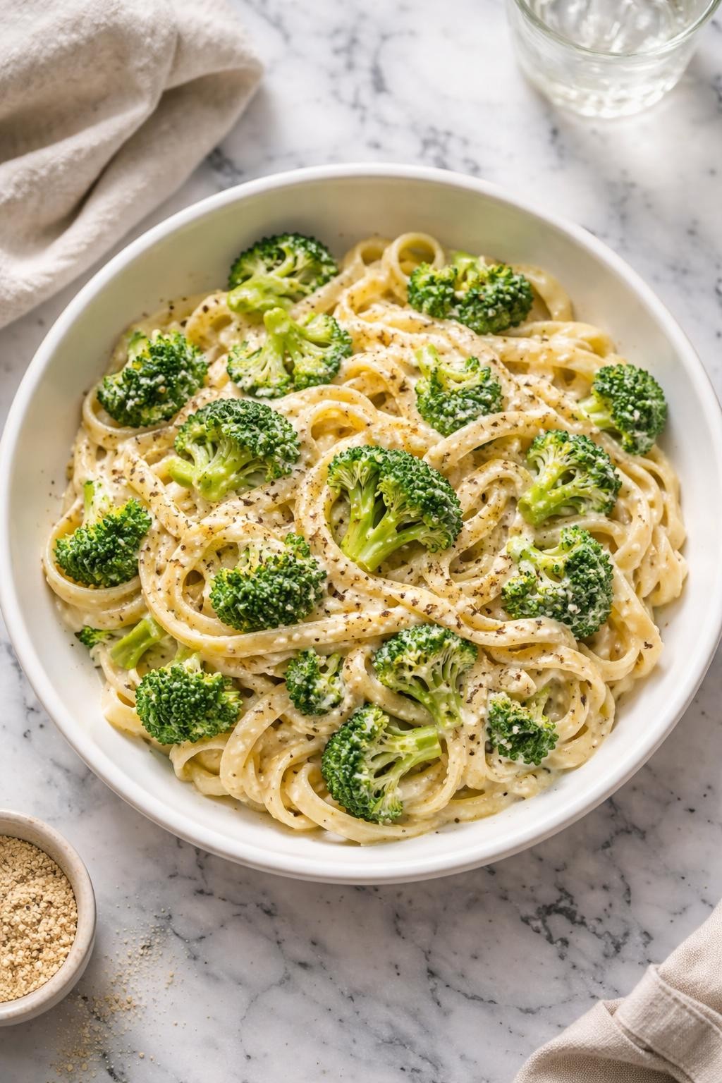 Image Prompt: Realistic top-down editorial food photography of vegan broccoli Alfredo pasta in a shallow white bowl on a white and gray marble countertop, pasta coated in creamy dairy-free sauce with tender broccoli florets, cozy homemade dinner mood, bright natural light, no people, no hands, no text, no watermarks, no props with writing.