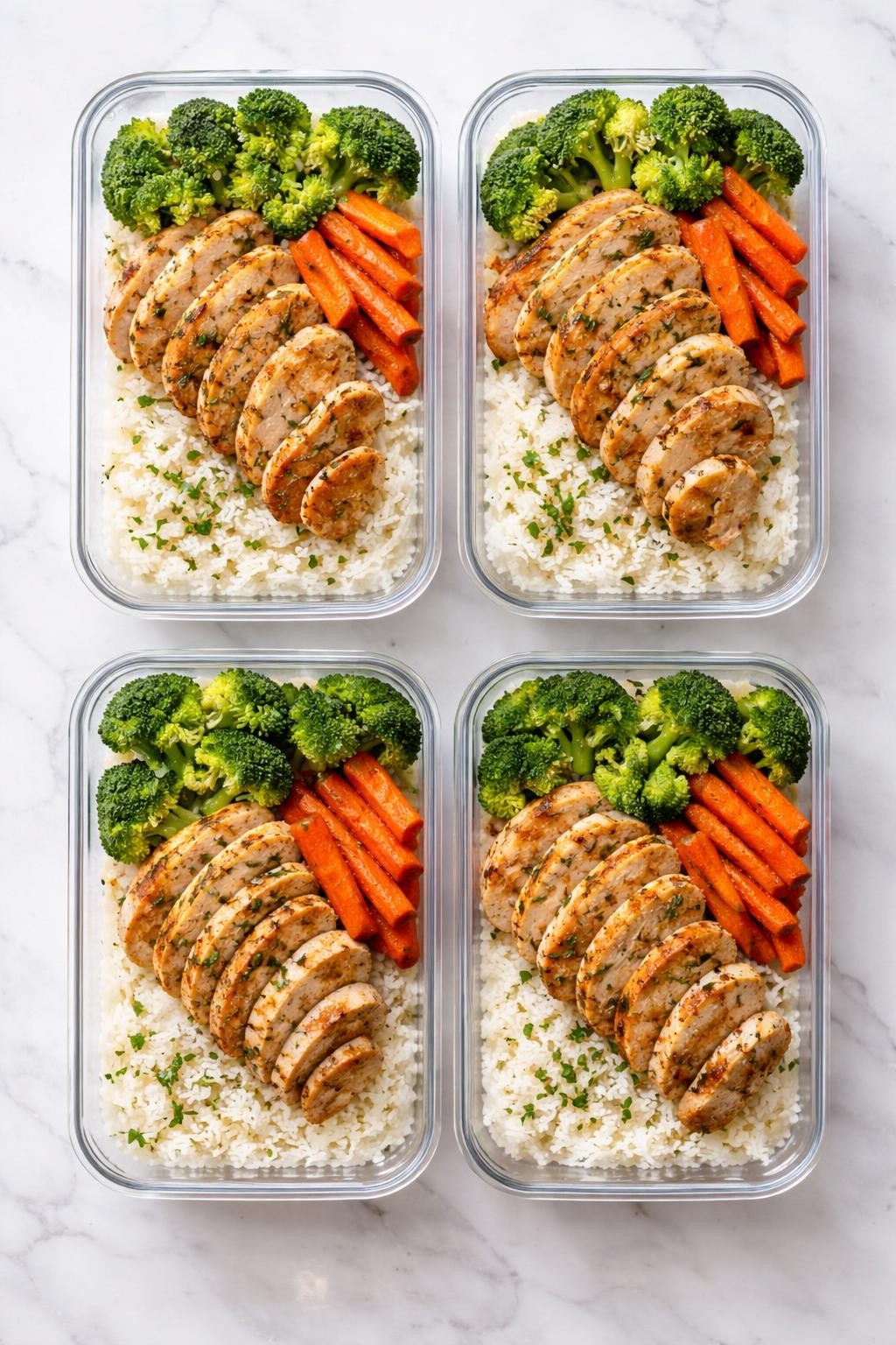 Realistic top-down editorial food photography of homemade chicken and rice meal prep bowls arranged neatly on a clean white marble countertop, each bowl filled with sliced seasoned chicken breast, fluffy white rice, steamed broccoli, and roasted carrots, fresh and balanced homemade meal prep look, soft natural daylight, clean composition, high detail, realistic food texture, no people, no hands, no text, no watermarks, no props with writing.